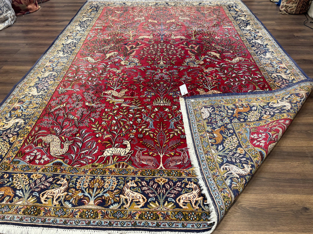 Persian Qum Rug 9x12, Animal Pictorials, Deer Birds, Tree of Life, Red and Navy Blue