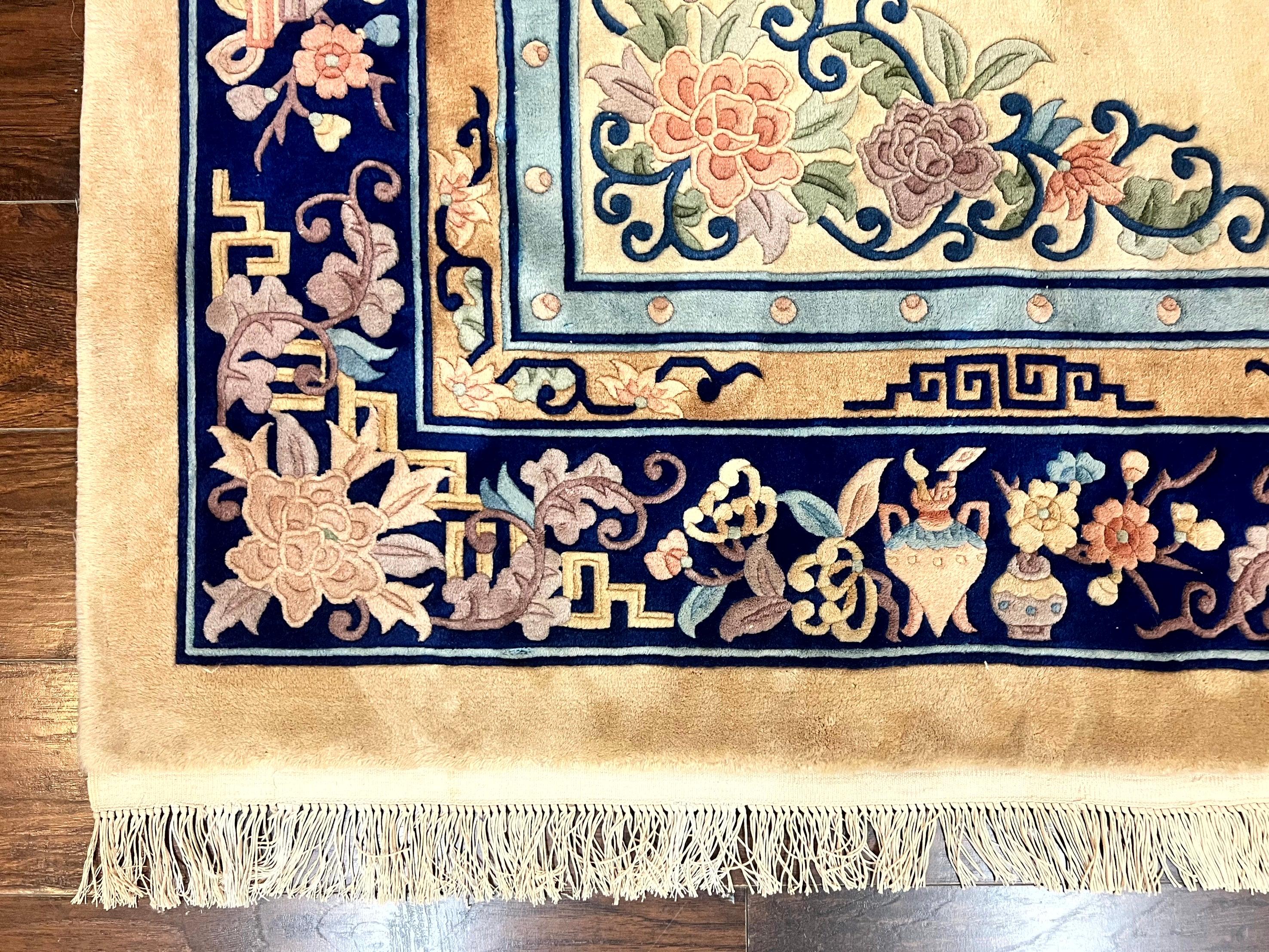 Chinese Wool Rug 8x11, Peking Asian Oriental Carpet, Cream/Ivory and Blue, Vintage Handmade Rug, Art Deco Rug