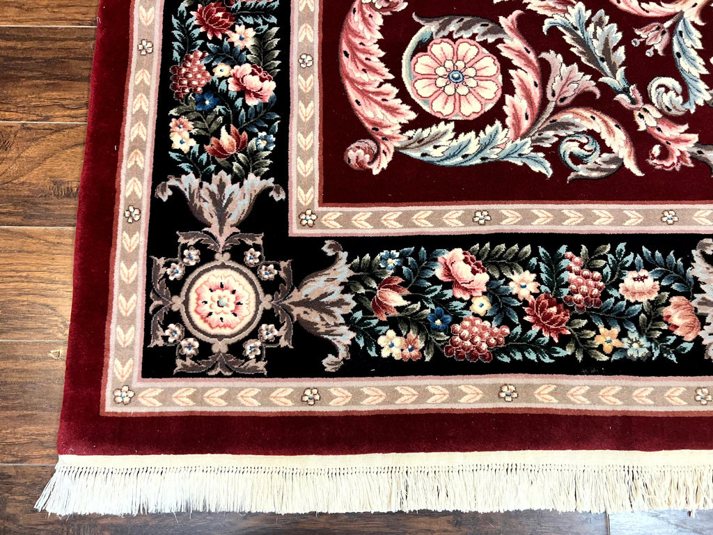 Chinese Aubusson Rug 9x12, Burgundy, Handmade Vintage Wool Carpet, Fine 210 KPSI, Elegant European Design