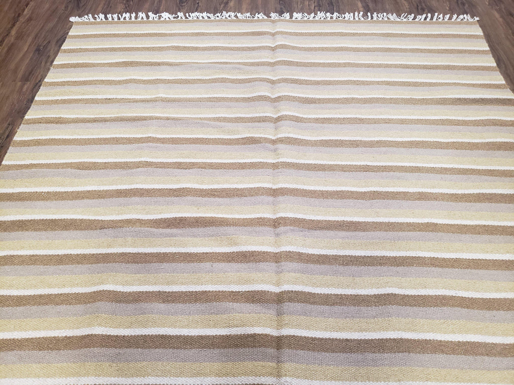 New Indian Striped Blanket, Multicolor Earthern Tones Kilim Rug, Wool Handmade South American Style Blanket, Queen Sized Bedspread 5x8 - 6x8