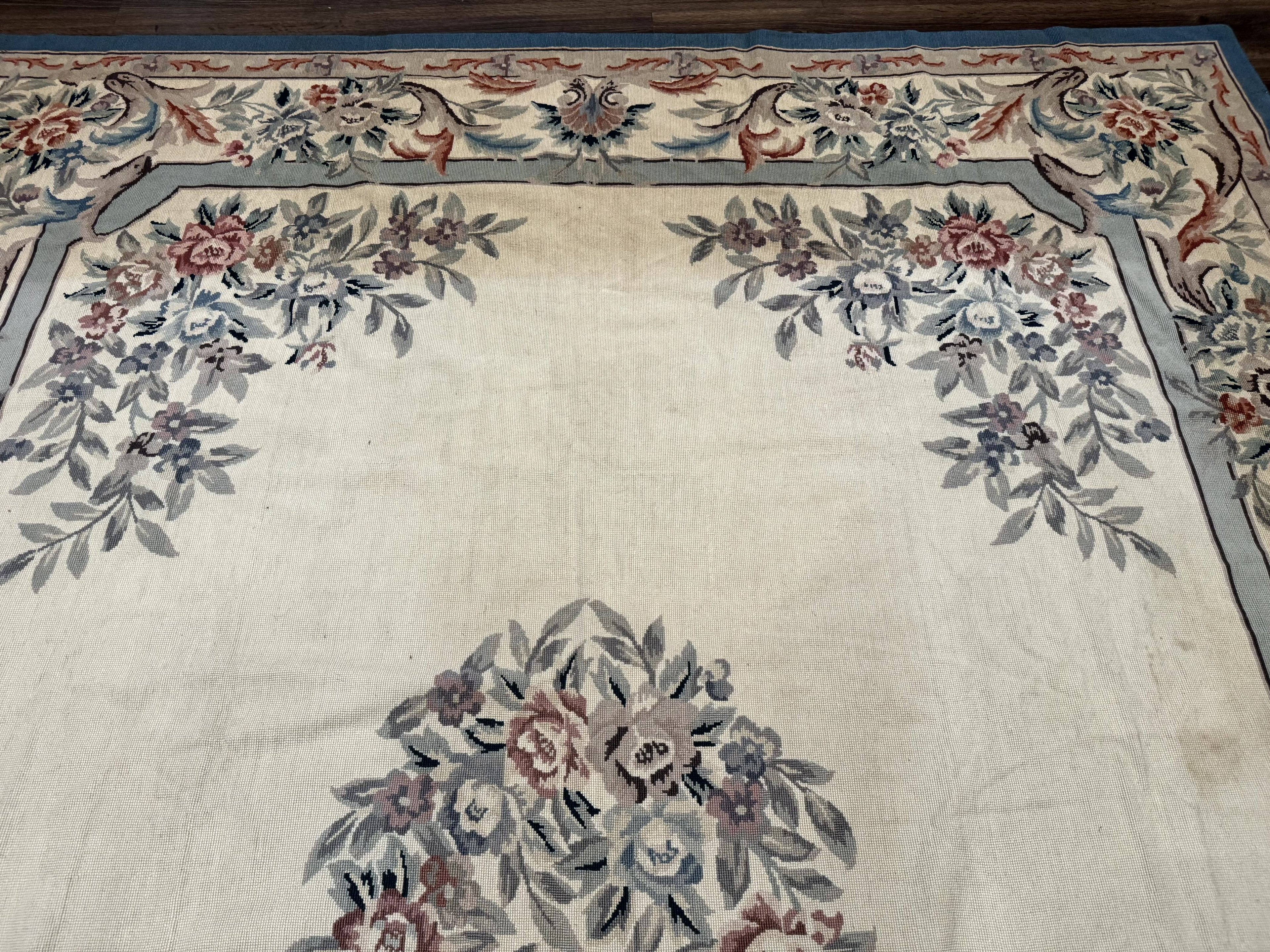 Ivory Needlepoint Rug 8x10, Wool Handmade Carpet