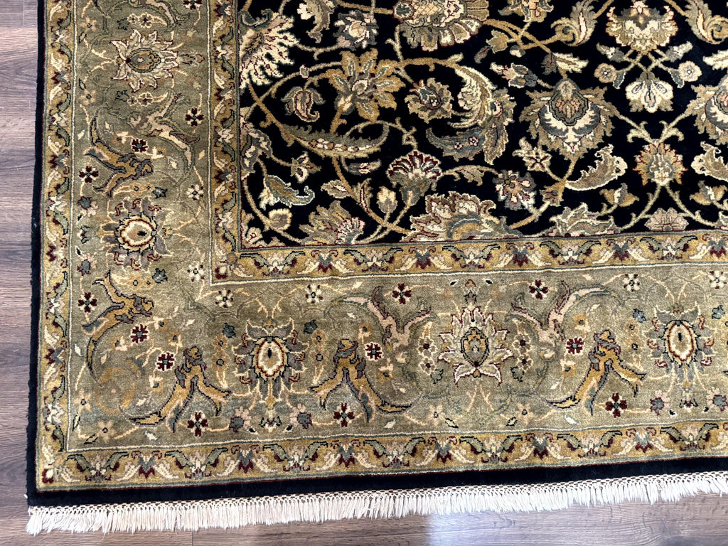 Indo Persian Rug 8x10, Black and Green, Wool, Handmade, Traditional, Floral Allover, Vintage