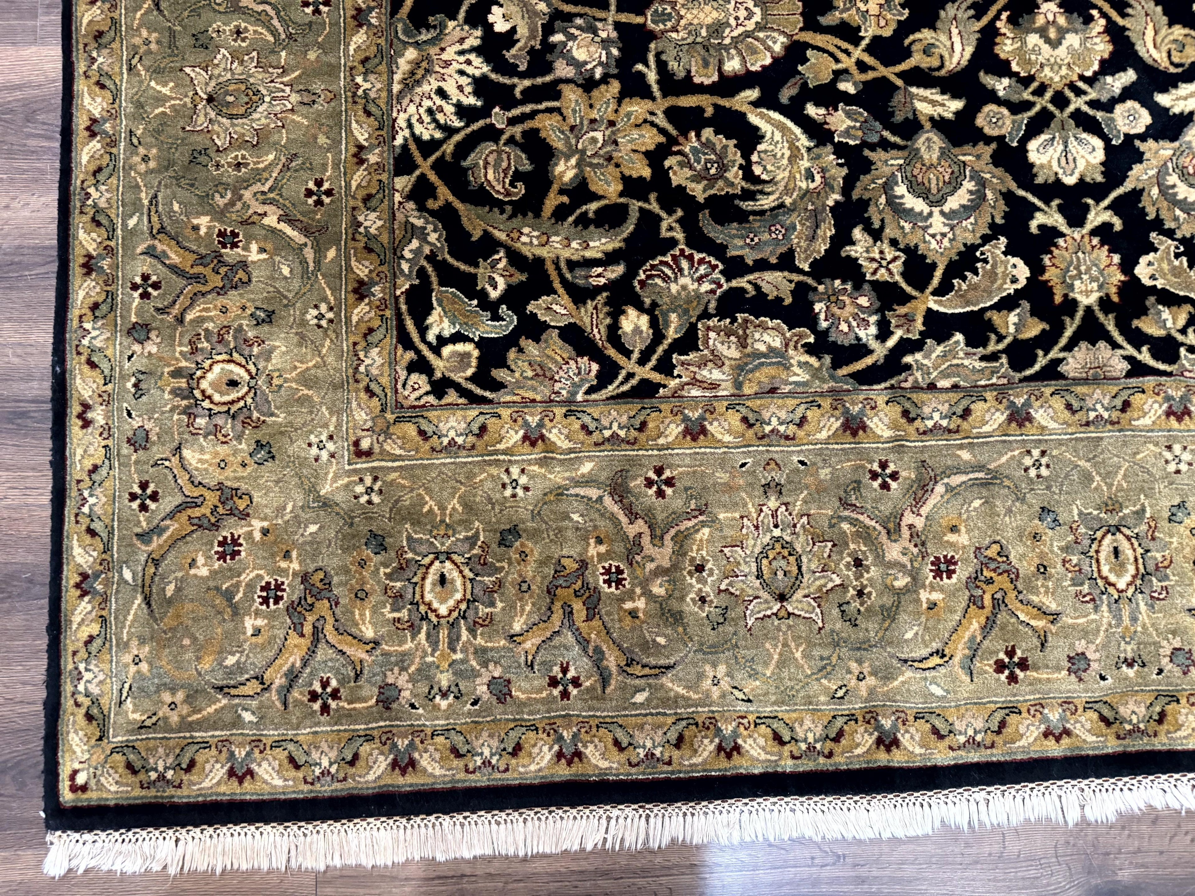 Indo Persian Rug 8x10, Black and Green, Wool, Handmade, Traditional, Floral Allover, Vintage