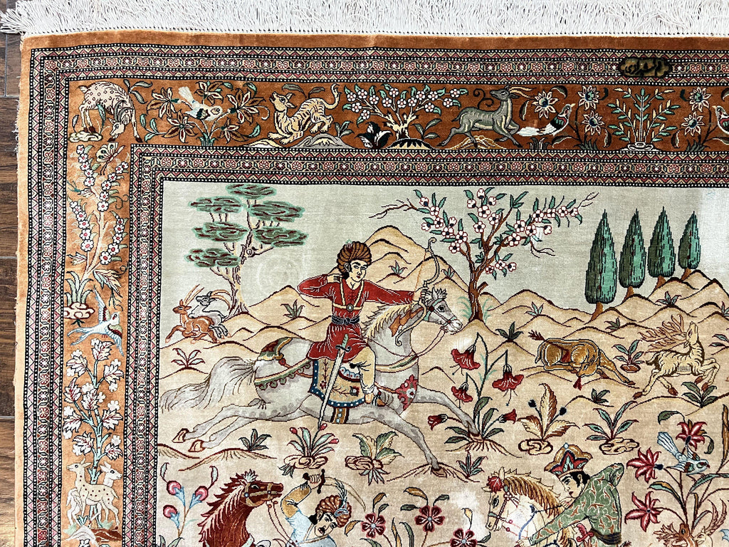 Silk Persian Qum Rug 3x5, Hunting Pattern, Handmade Vintage Carpet, Signed by Master Weaver, Horsemen Pictorials, Super Fine 650 KPSI