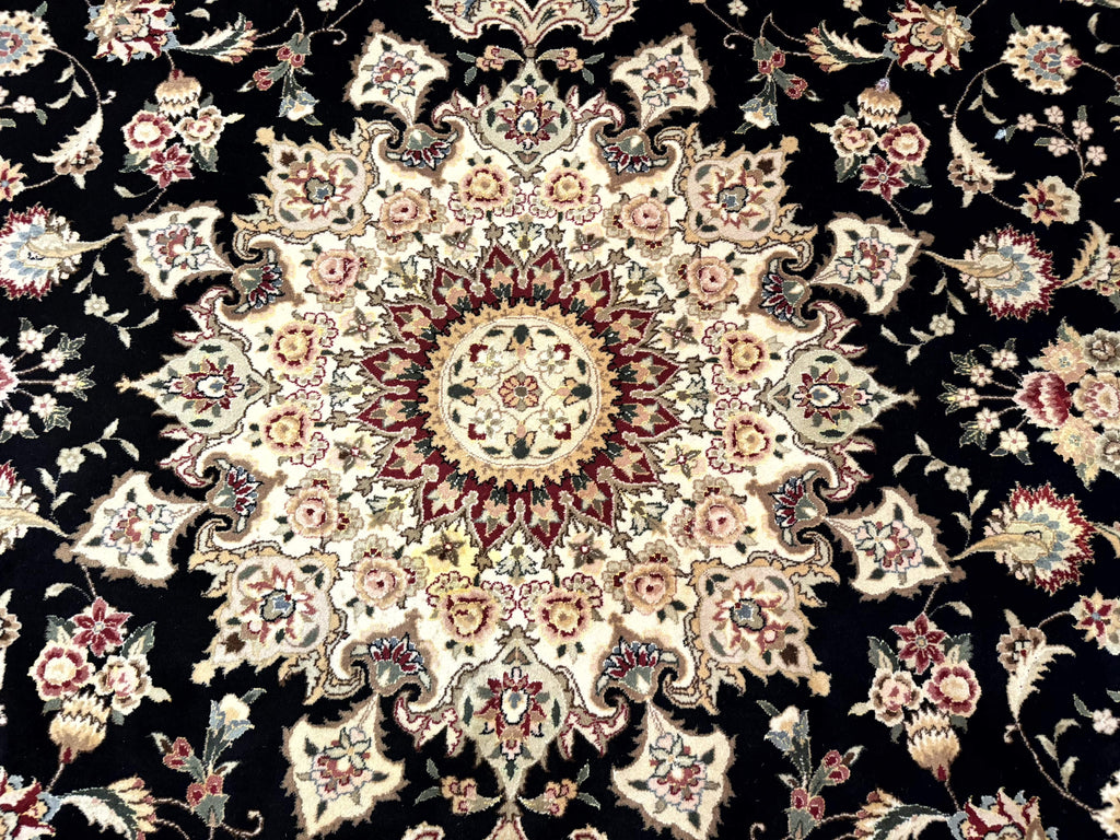 Sino Persian Rug 9x12, Black and Beige, Floral Medallion, Wool & Silk, Handmade
