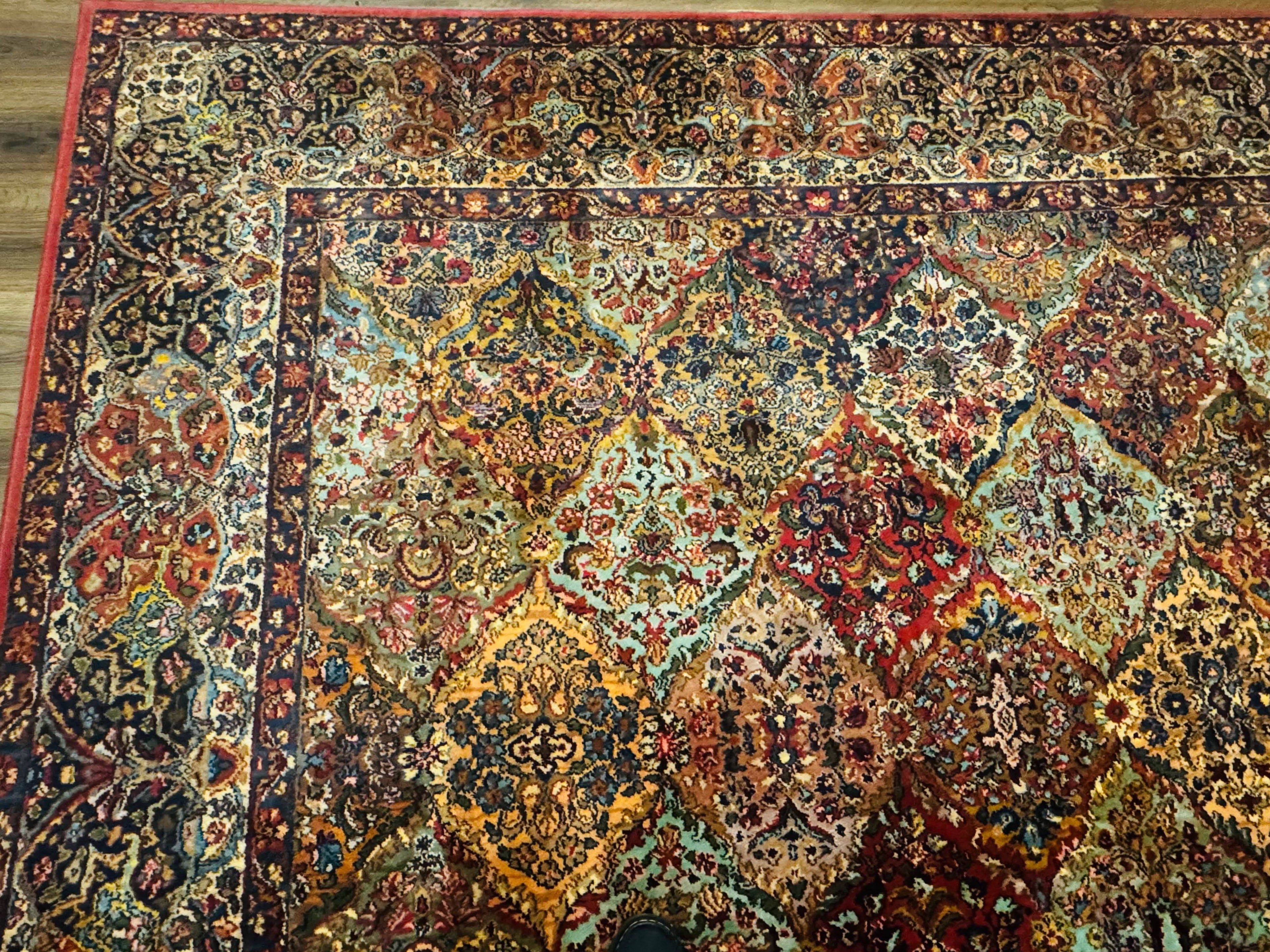 Square Karastan Multicolor Panel Kirman Rug #717, Rare Size 8.8 x 8.8, Original 700 Series, Wool