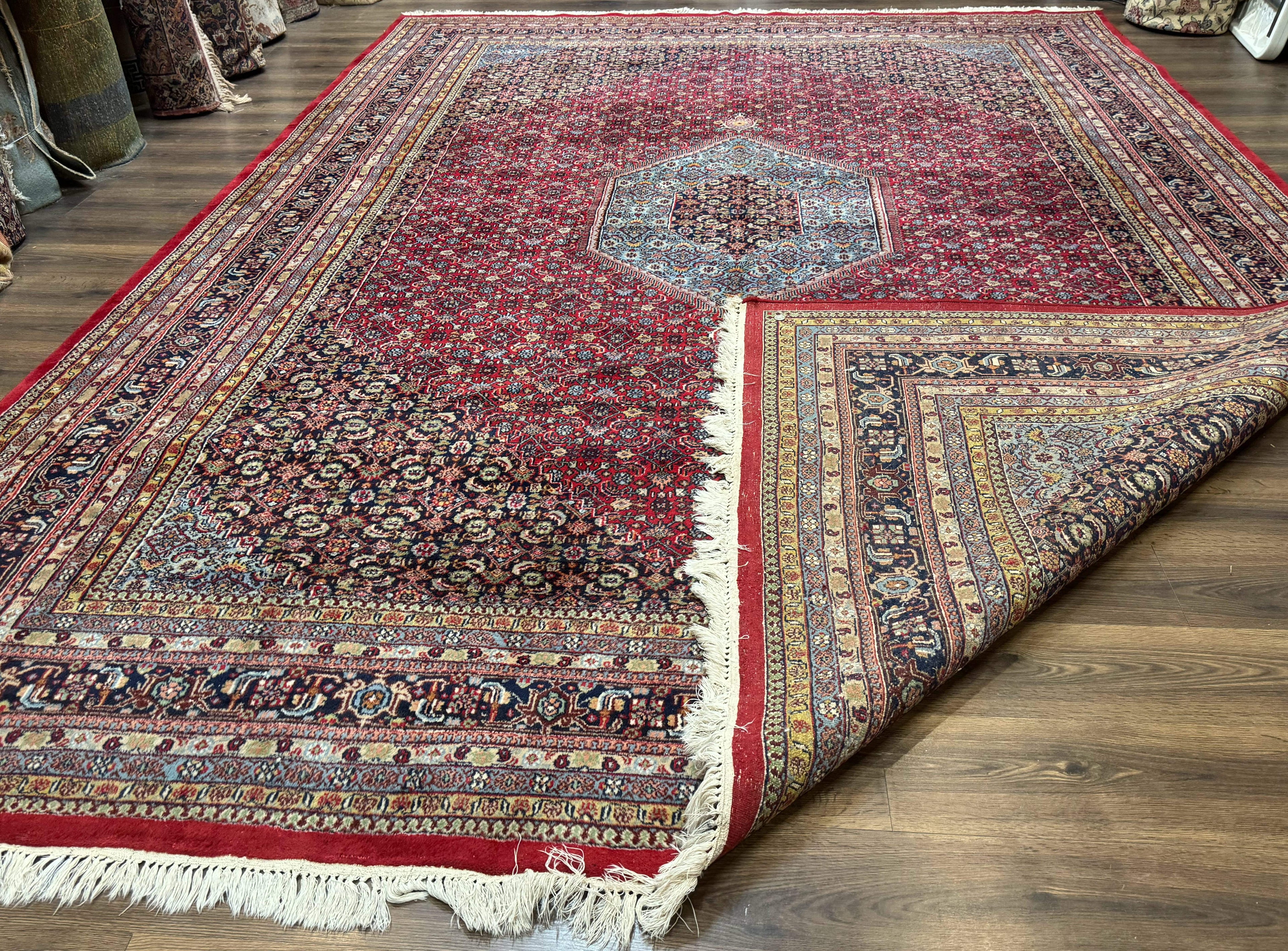 Indo Persian Bidjar Rug 10x14, Red and Dark Blue, Herati Mahi Pattern, Vintage