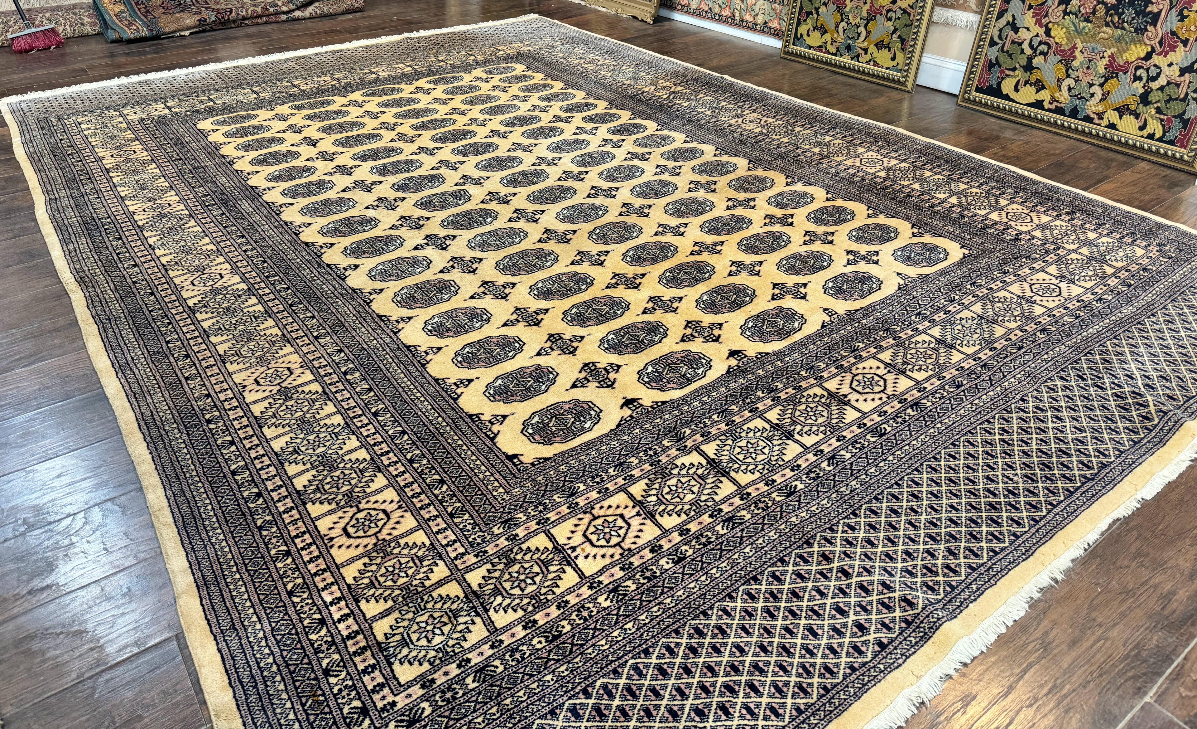 Pakistani Bokhara Turkoman Rug 9x11, Cream, Handmade Wool Vintage Carpet