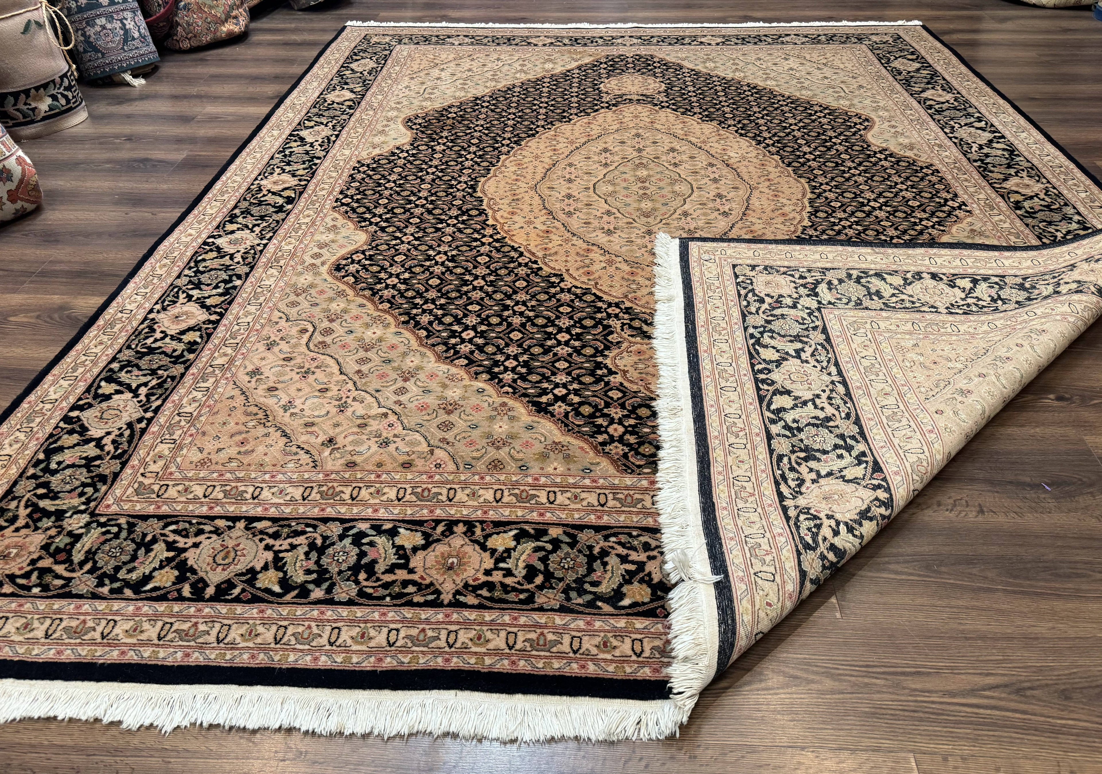 Sino Persian Rug 8x10, Herati Mahi Pattern, Fine 170 KPSI, Black, Wool and Silk Highlights