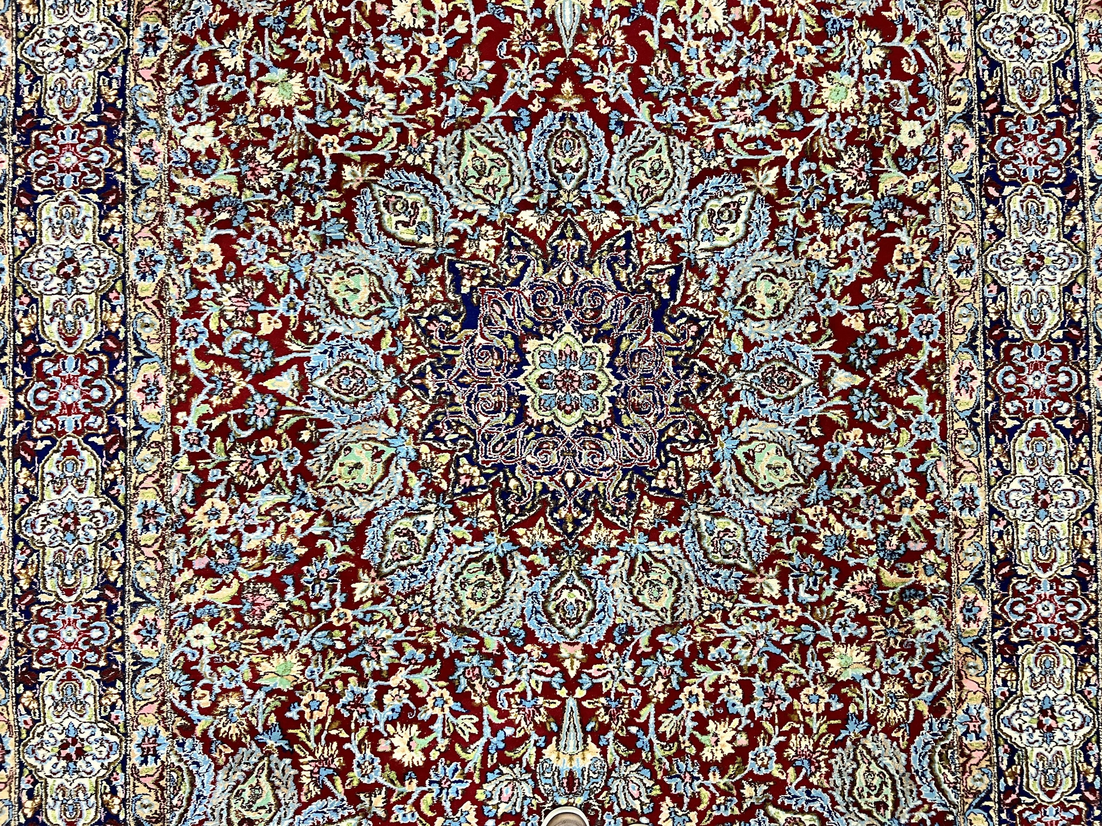 Persian Kirman Rug 7x10, Hand Knotted Wool Floral Medallion Carpet, Dark Red