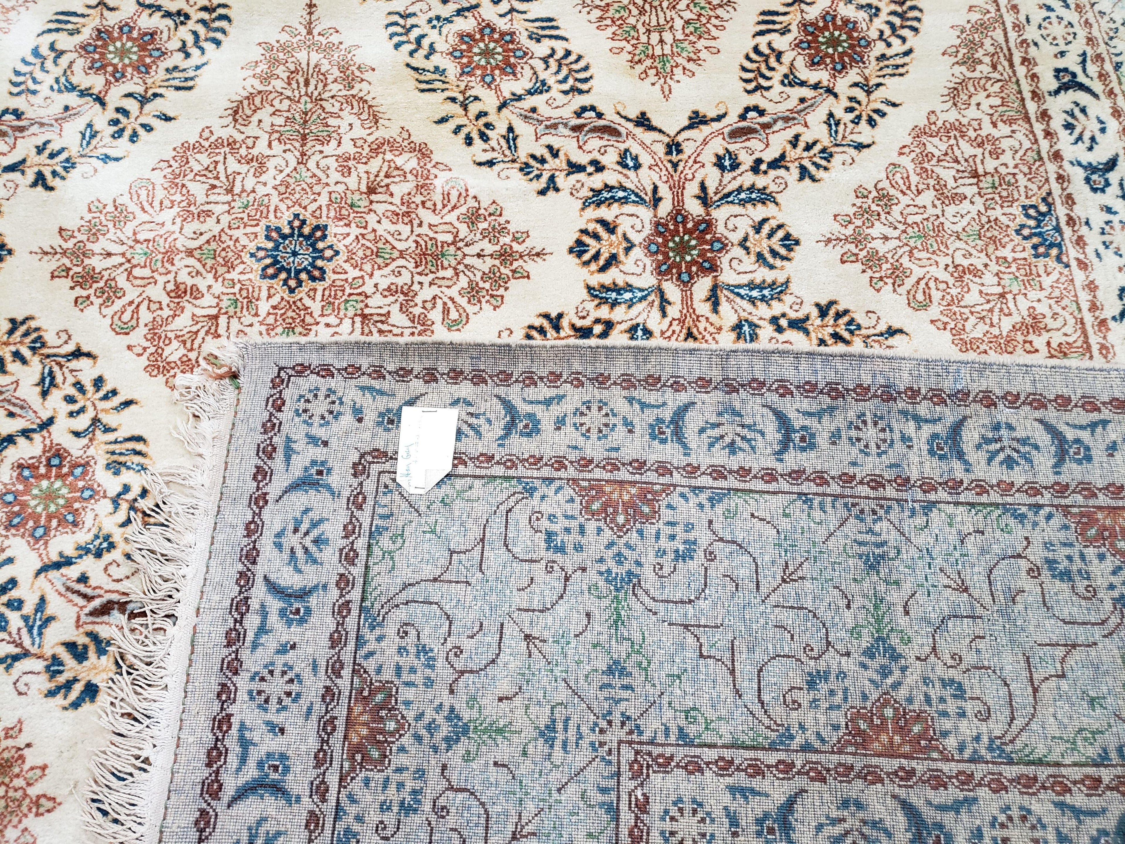 Fine Antique Persian Light Colored Kashan Carpet, 7x12, Top Quality, Rare, Ivory & Blues, Hand-Knotted, Wool