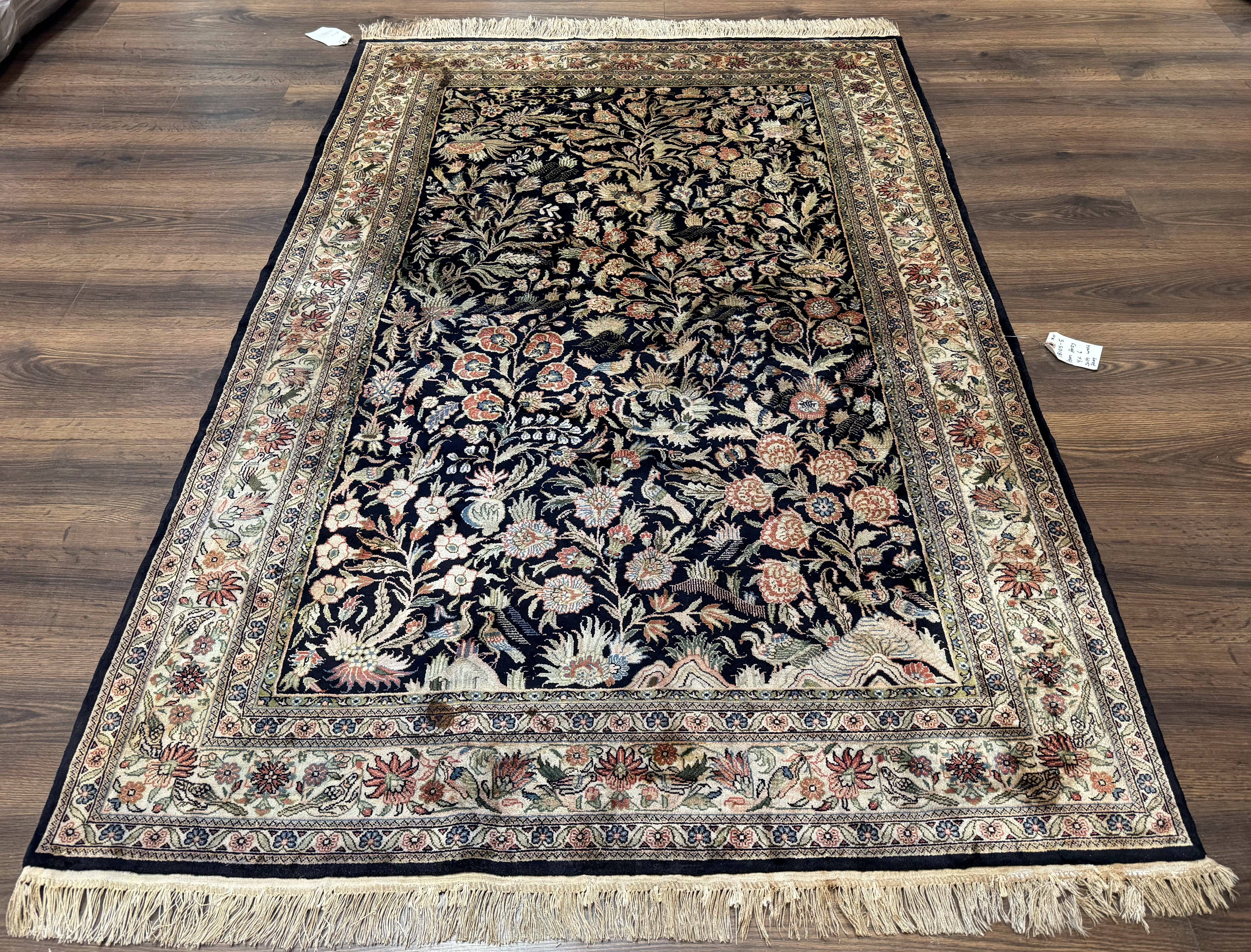 Silk Rug 4x6, Black and Cream, Floral & Bird Pictorials, Fine 330 KPSI, Sino Persian Rug