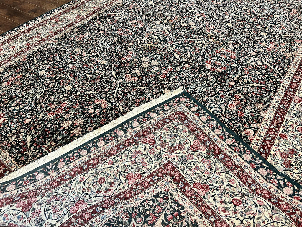 Large Sino Persian Rug 10x14, Wool Hand Knotted Vintage Carpet, Dark Green & Beige, Kirman Floral Rug, Fine Weave, Traditional, Large