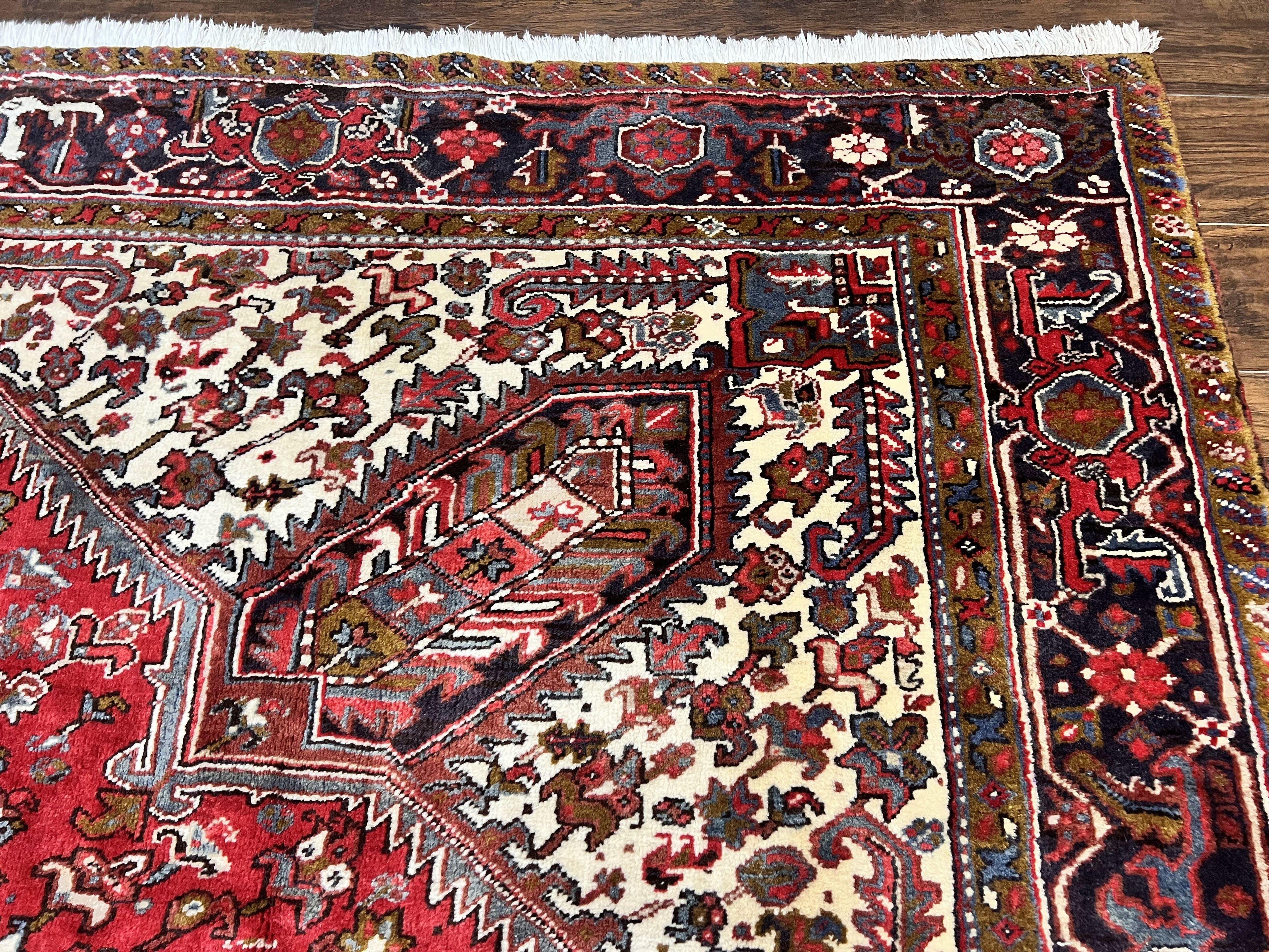Large Persian Heriz Rug 10x13, Wool Hand Knotted Antique Carpet, Red and Ivory, Geometric Tribal Room Sized Rug, Decorative Oriental Rug