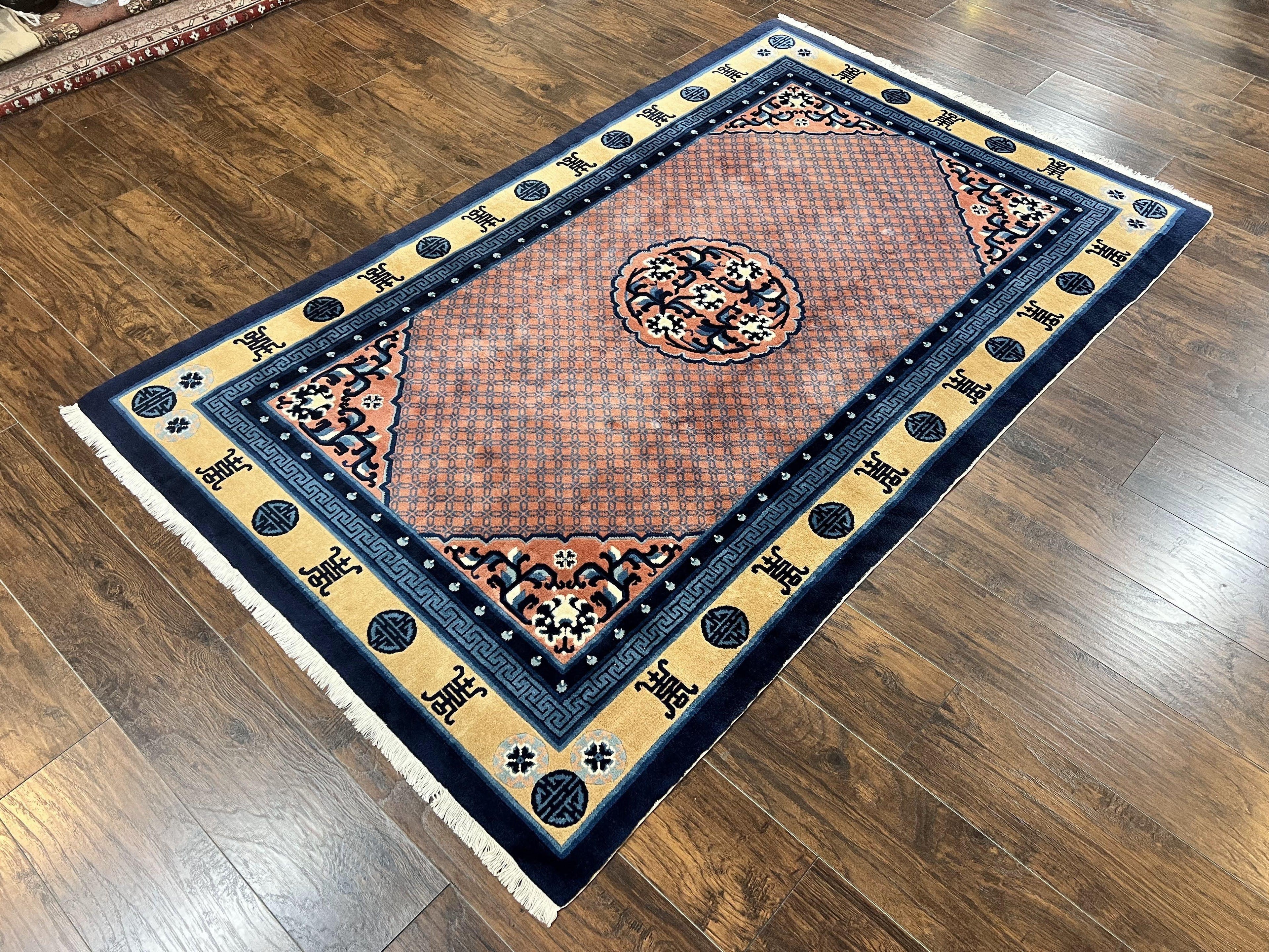 Chinese Peking Rug 5x8, Vintage Semi Antique Chinese Art Deco Carpet, Wool Pile Light Red/Salmon Gold Navy Blue, Handmade Asian Oriental Rug