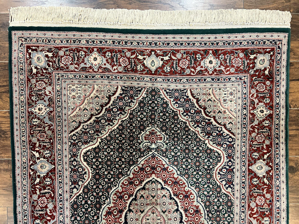 Sino Persian Rug 4x6, Wool with Silk Highlights, Fine Hand Knotted Carpet, Green & Maroon Red, Herati Medallion, Vintage Rug