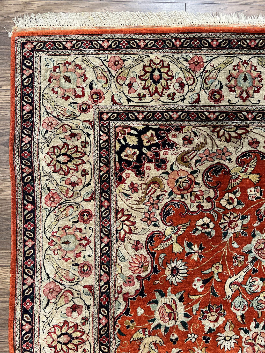 Persian Qum Silk Rug 5x7 - Floral Medallion, Birds, Orange-Red