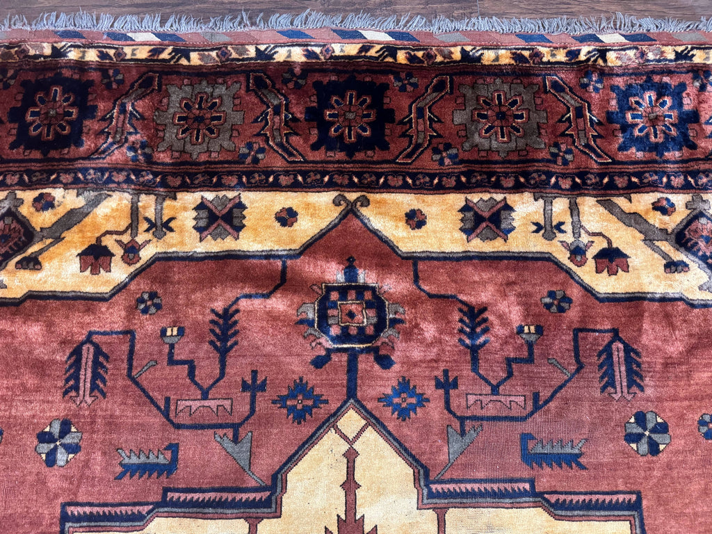 Afghan Heriz Rug 9x12, Tribal Geometric Serapi Carpet, Rust Cream and Navy, Wool on Wool