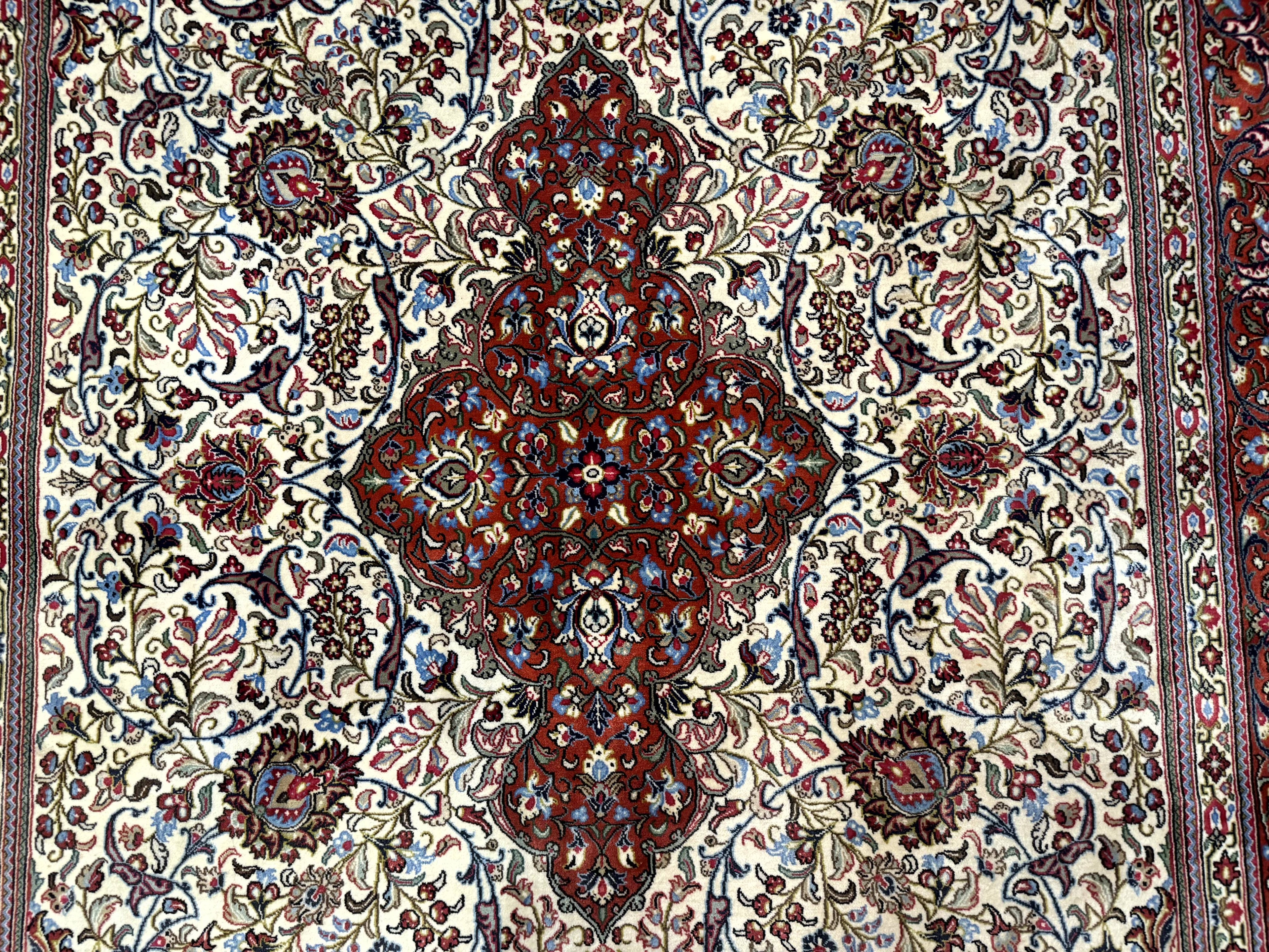 Persian Qum Rug 7x11, Beige and Red, Highly Detailed Floral Pattern, Fine 260 KPSI