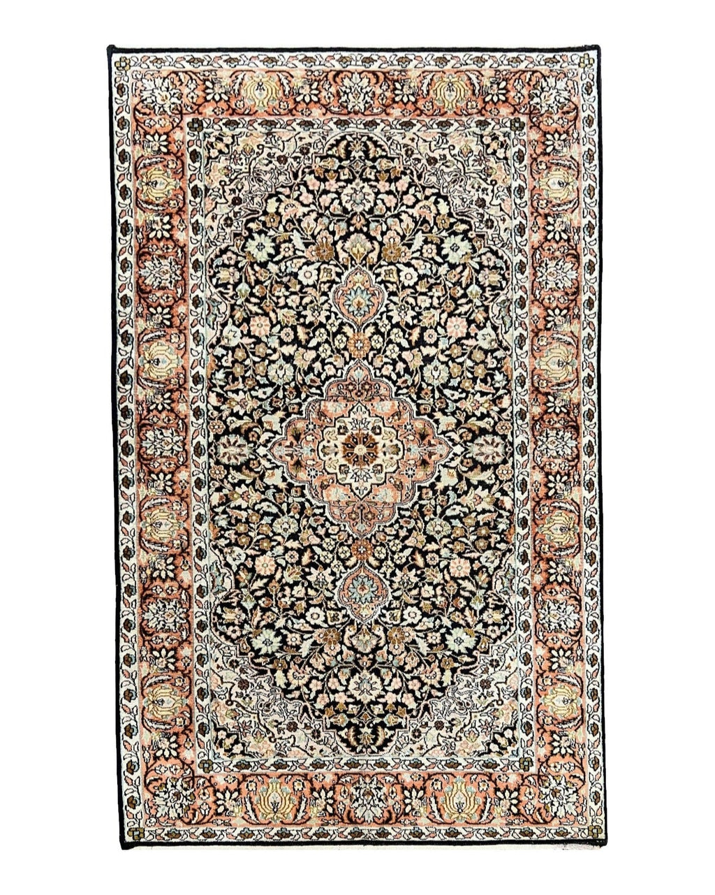 Silk Indian Kashmiri Rug 3x5, Indo Persian Silk on Silk Carpet, Very Fine 350 KPSI, Navy Blue, Handmade, Floral Medallion