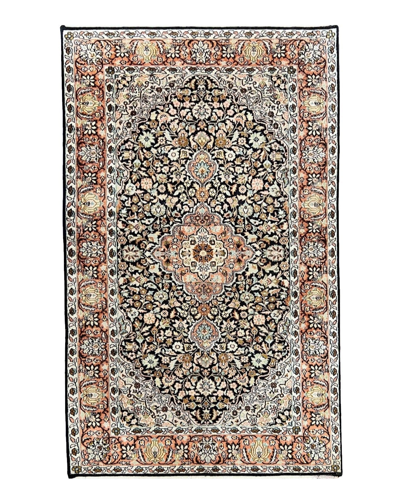 Silk Indian Kashmiri Rug 3x5, Indo Persian Silk on Silk Carpet, Very Fine 350 KPSI, Navy Blue, Handmade, Floral Medallion