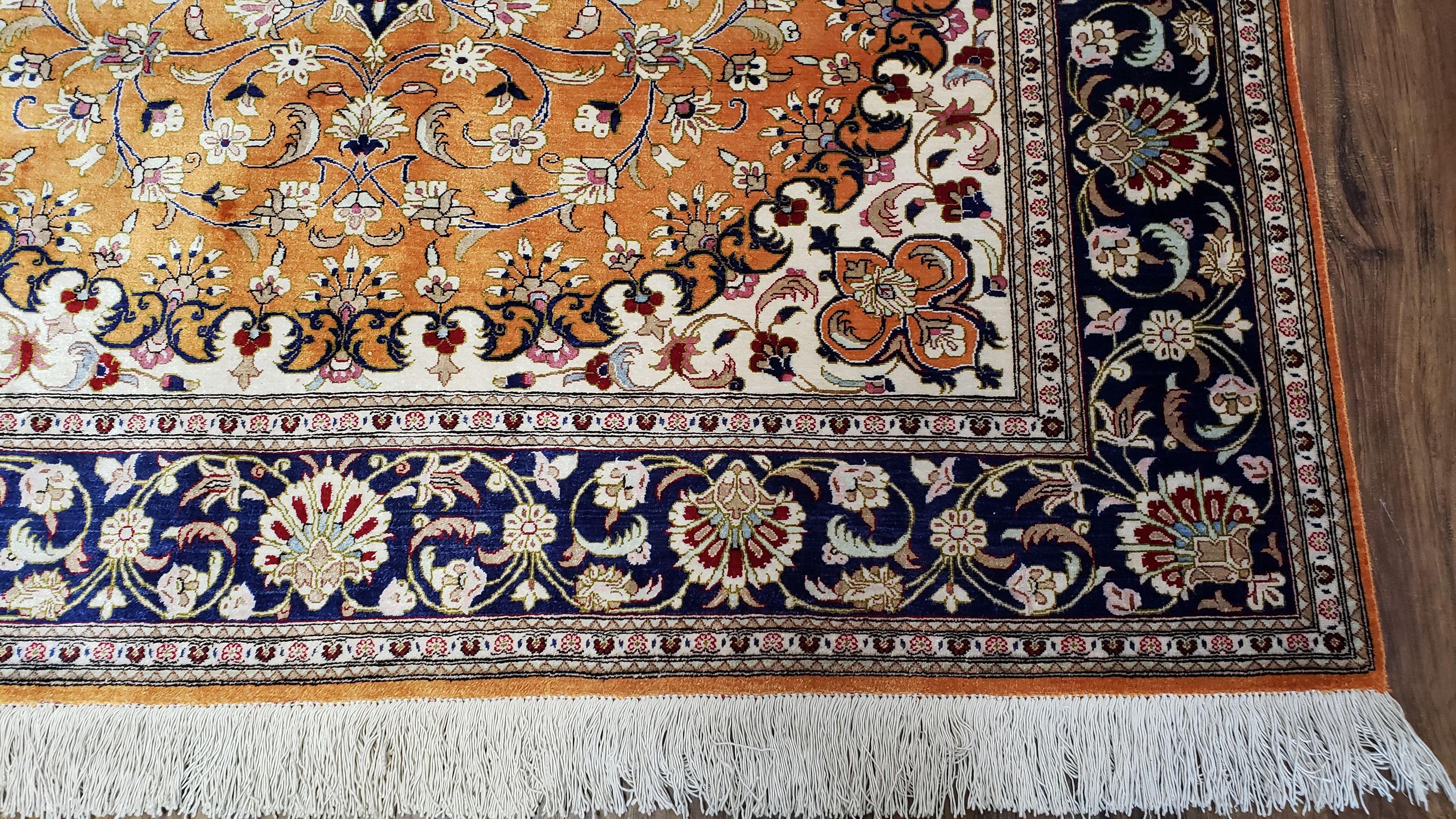 Vintage Persian Qum Silk Rug 4.6 x 6.7, Burnt Orange and Navy Blue, Antique Oriental Very Fine Signature Master Weaver 350+ KPSI Ghom Qom 5x7 Rug