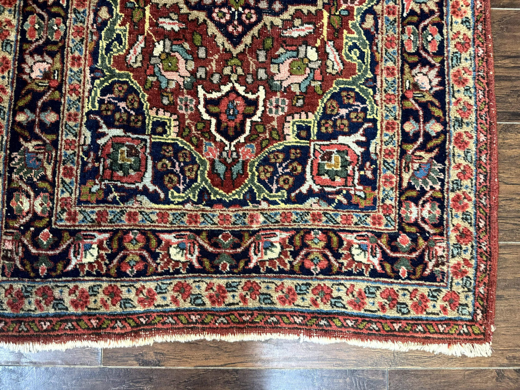 Antique Persian Tabriz Rug 3x5, Brick Red Navy Blue, Floral Medallion, Small Persian Carpet