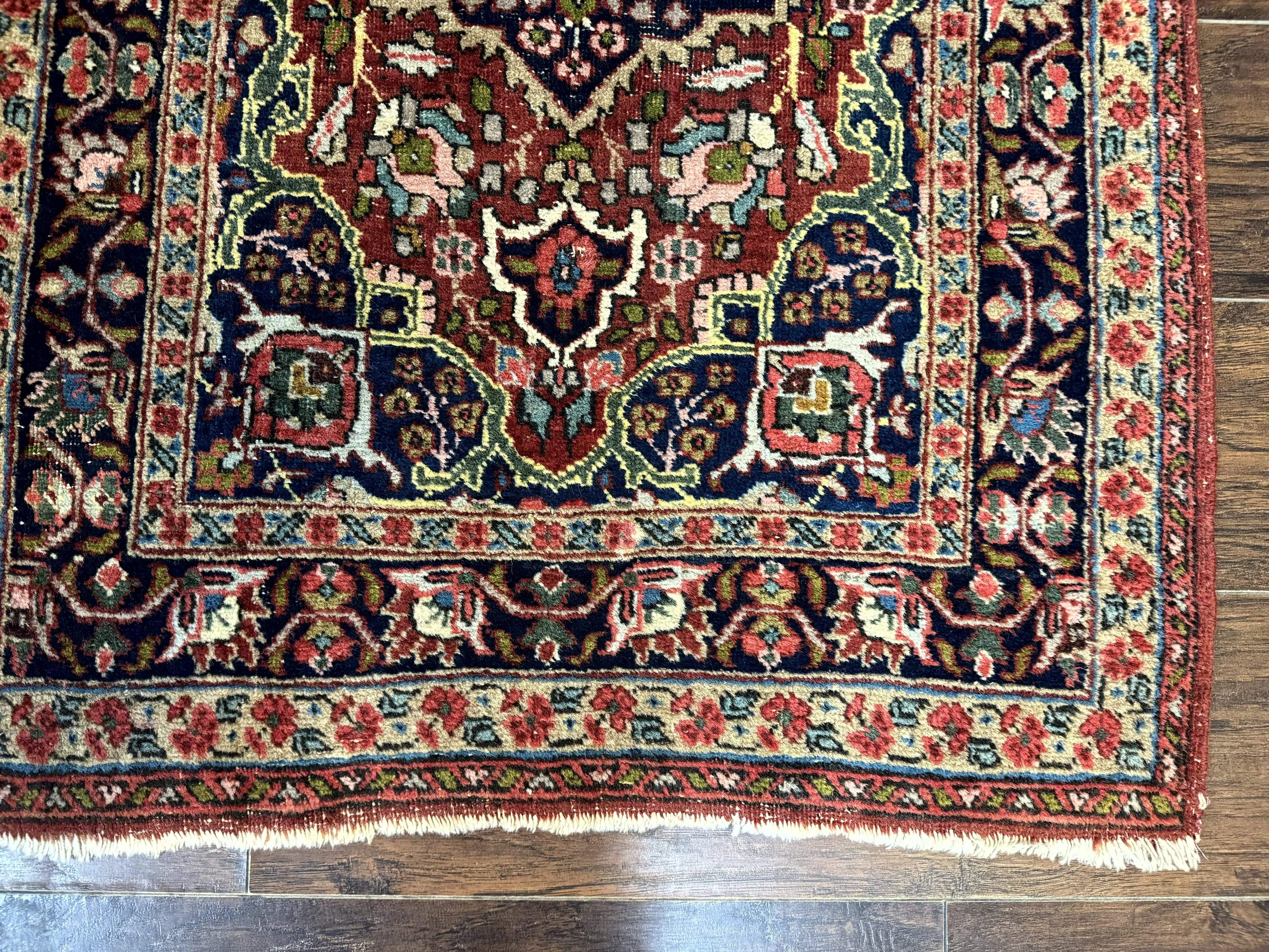 Antique Persian Tabriz Rug 3x5, Brick Red Navy Blue, Floral Medallion, Small Persian Carpet