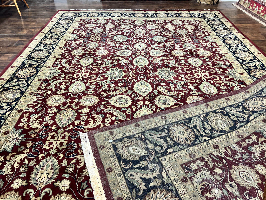 Indo Persian Rug 10x14, Floral Allover, Maroon, Handmade Hand Knotted VIntage Wool Rug, Large Oriental Carpet