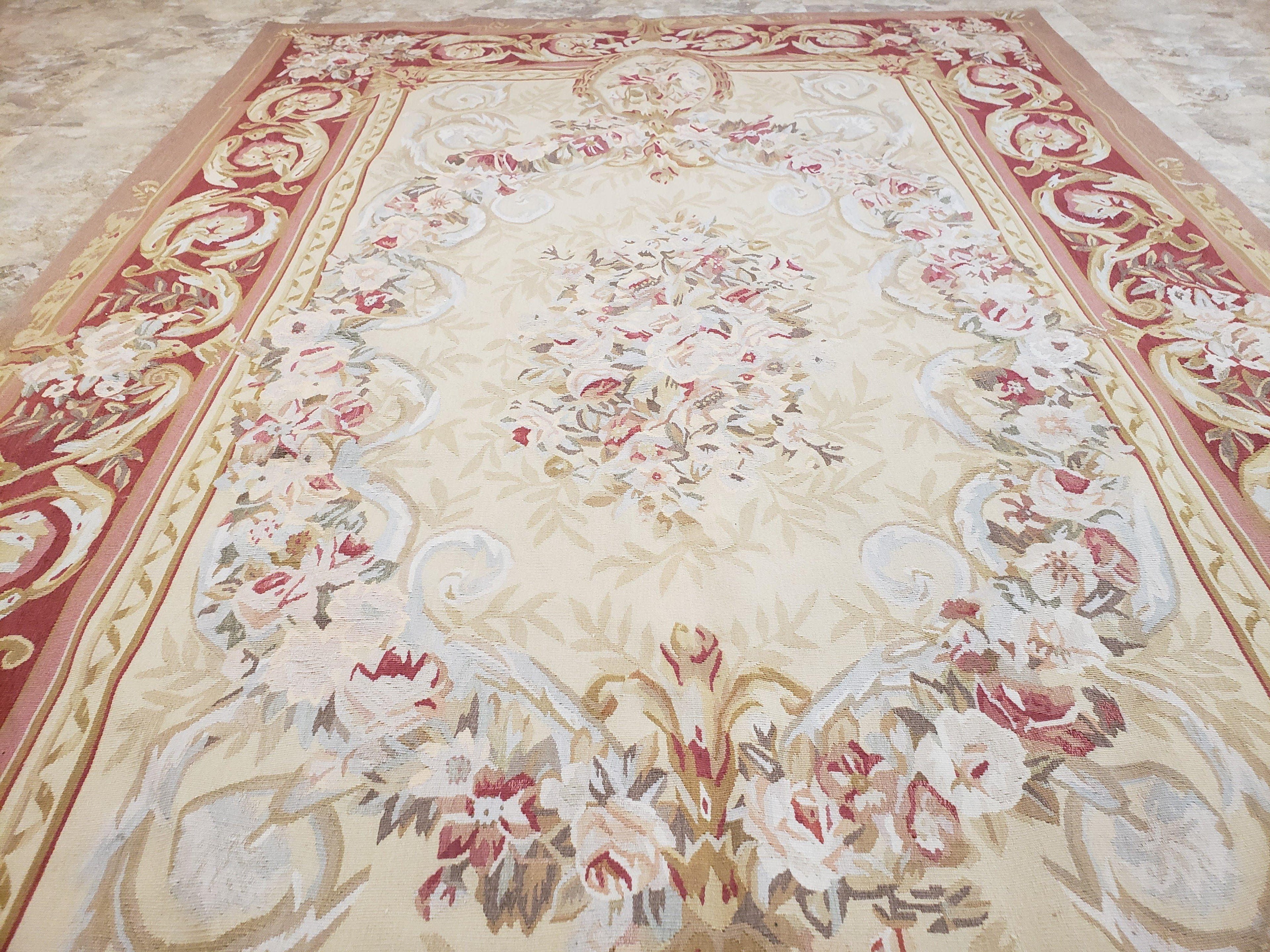 Aubusson Rug 6x9, Elegant Flatweave Rug, Aubusson Savonnerie 6 x 9 Flatweave Area Rug, Cream and Red, Wool Hand Woven Carpet, Medium Size