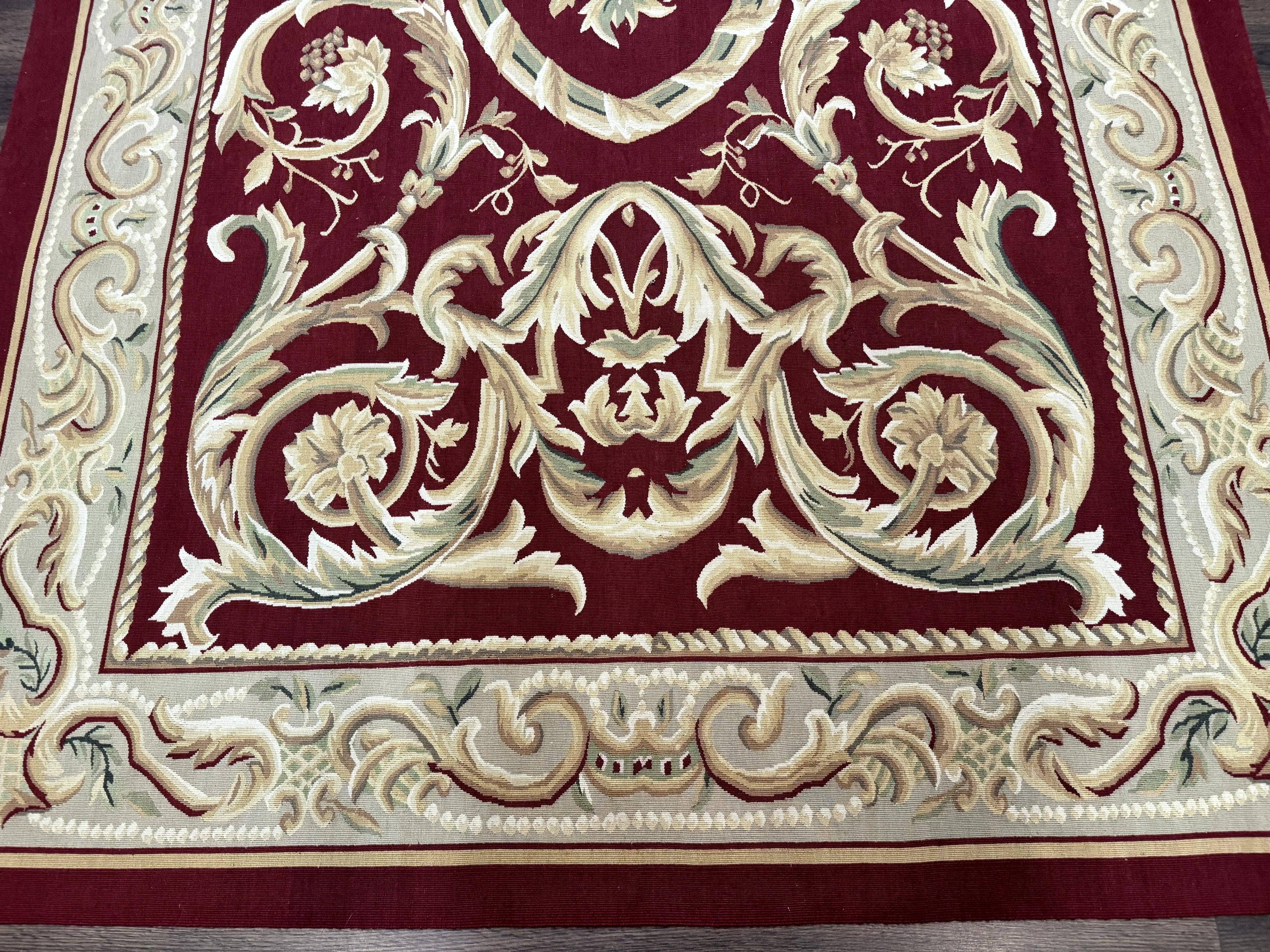 Burgundy Aubusson Rug 6x9, Vintage Wool Carpet