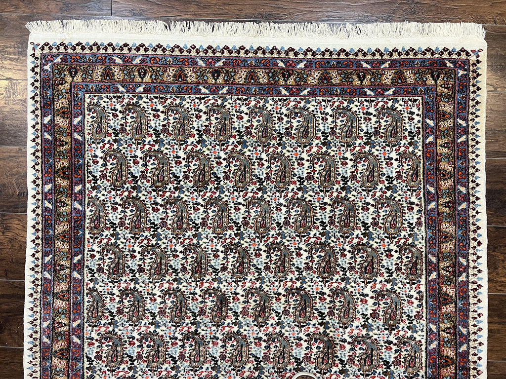 Persian Rug 4x6, Mashad Kashmar Rug, Boteh Paisley Design, Allover Repeated Pattern, Ivory Hand Knotted Vintage Semi Antique Persian Oriental Carpet
