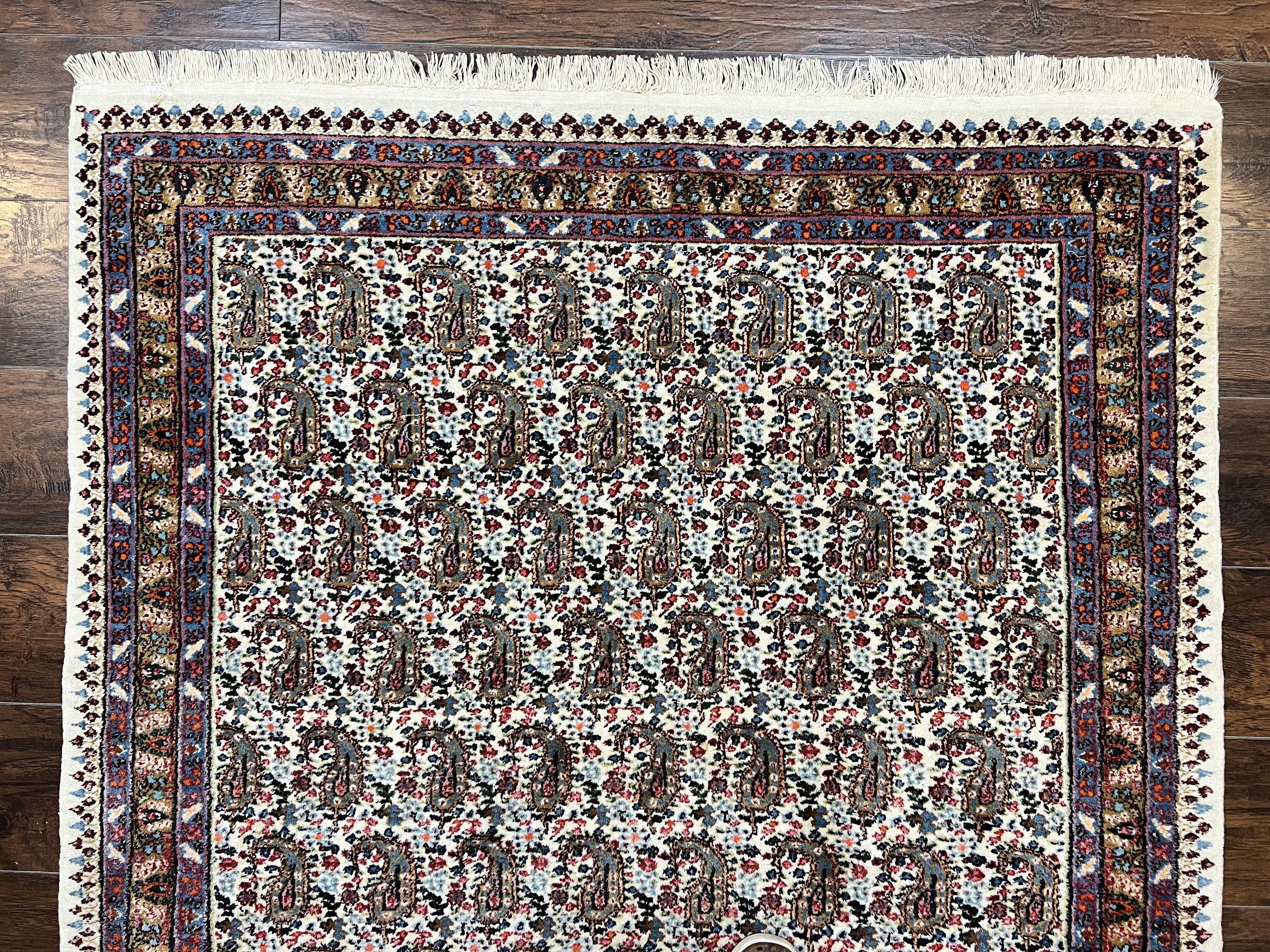 Persian Rug 4x6, Mashad Kashmar Rug, Boteh Paisley Design, Allover Repeated Pattern, Ivory Hand Knotted Vintage Semi Antique Persian Oriental Carpet