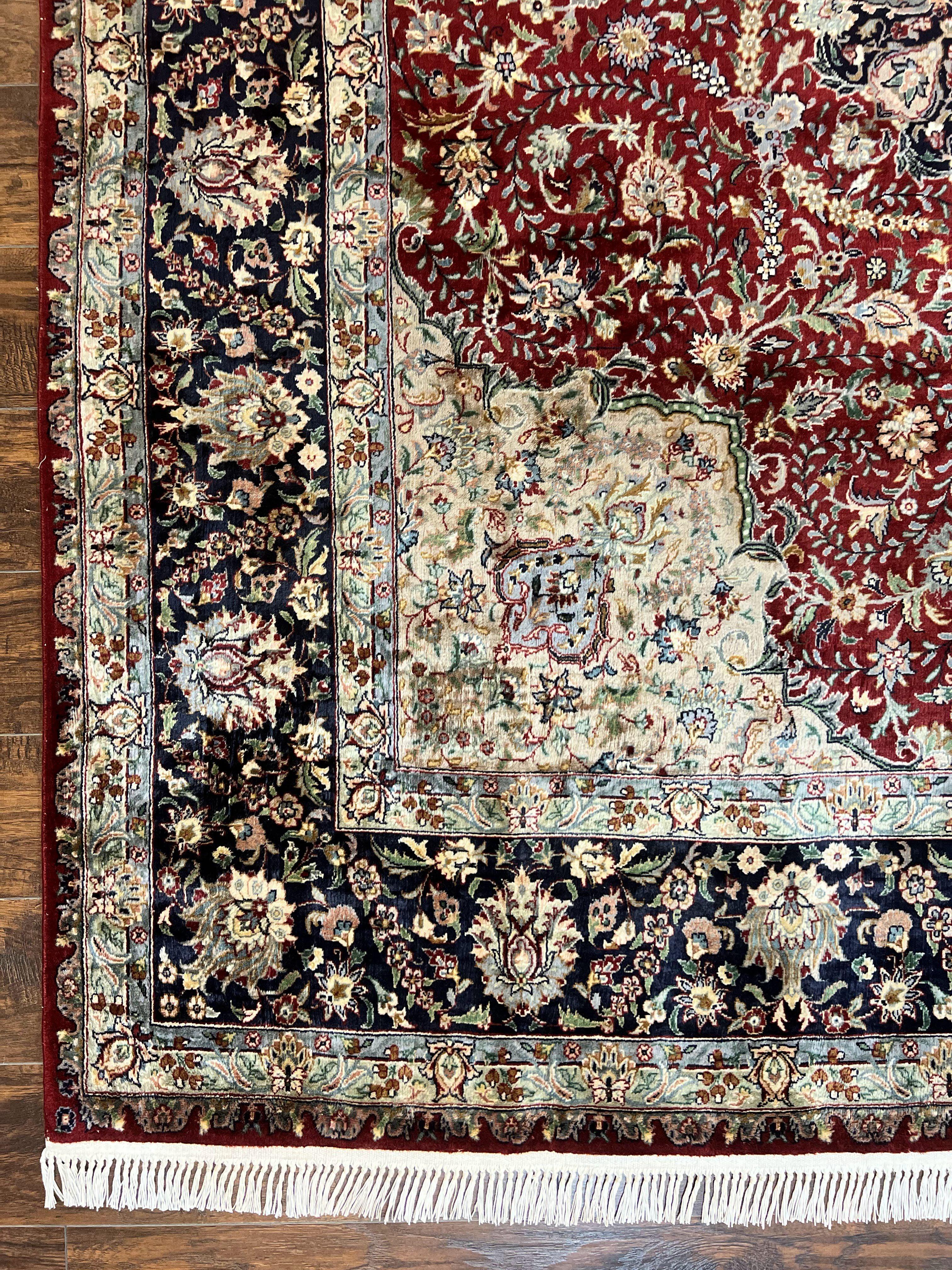 Pak Persian Rug 8x10, Wool Hand Knotted Vintage Carpet, Dark Red & Navy Blue, Dome Design Floral Medallion Rug, 8 x 10 Oriental Rug
