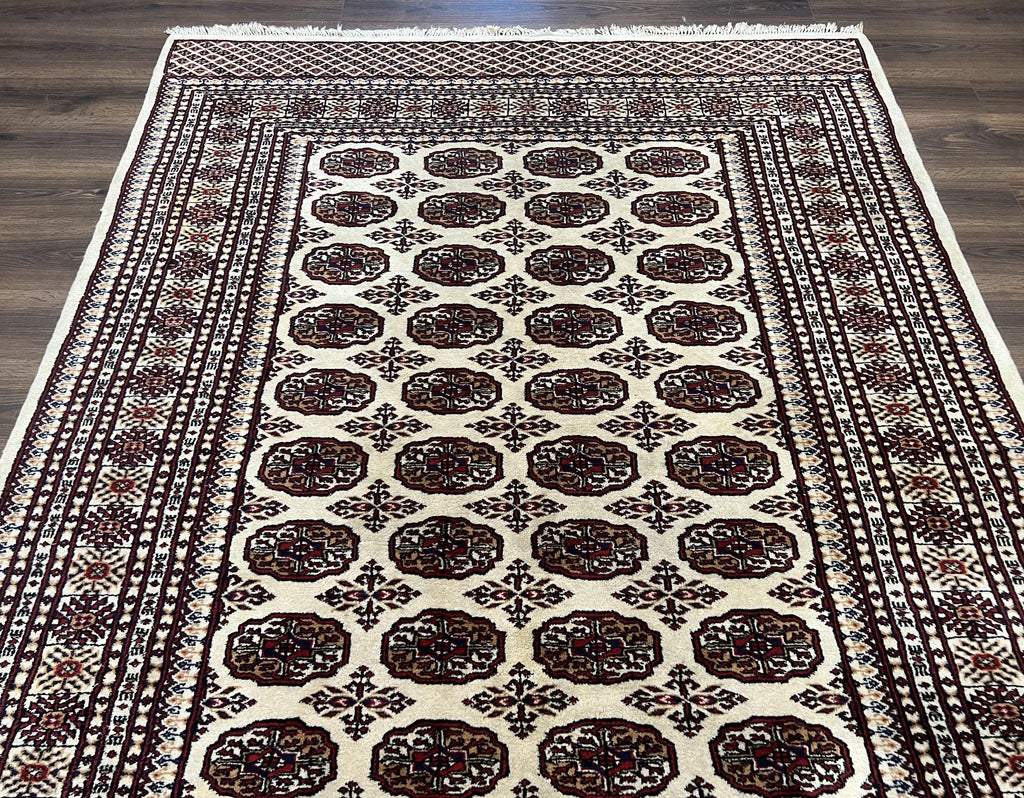 Pakistani Turkoman Rug 6x9, Cream and Red Hand Knotted Wool Oriental Carpet, Yamud Rug, Tribal Rug 6 x 9, Bohemian Area Rug, Bokhara Rug