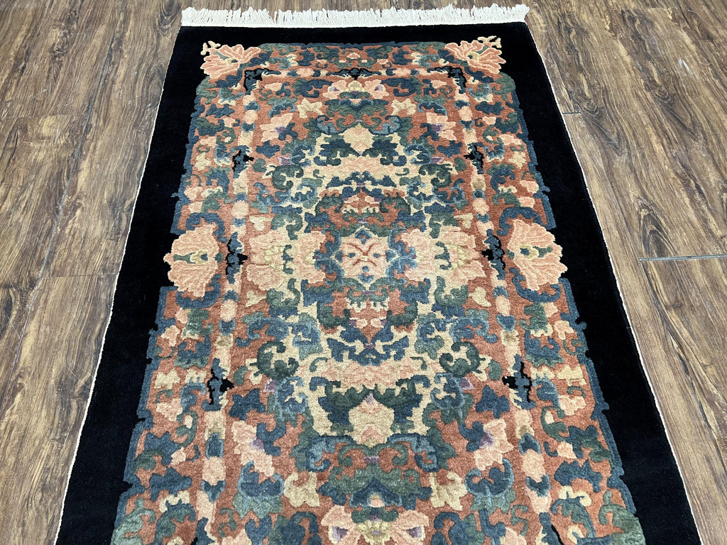Chinese Art Deco Rug 3x5, Black and Beige Chinese Carpet 3 x 5, Vintage Rug, 1950s Rug, Floral Rug, Handmade Rug, Art Deco Rug, Wool Rug