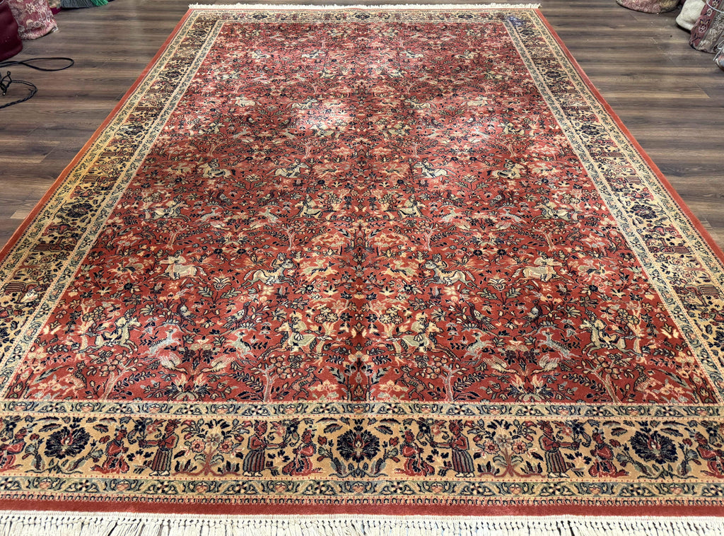 Persian Area Rug 8 x 11.6, Wool, Royal Hunting Scene, Vintage Couristan Rug, Red, Allover Pattern, Belgium Power Loomed