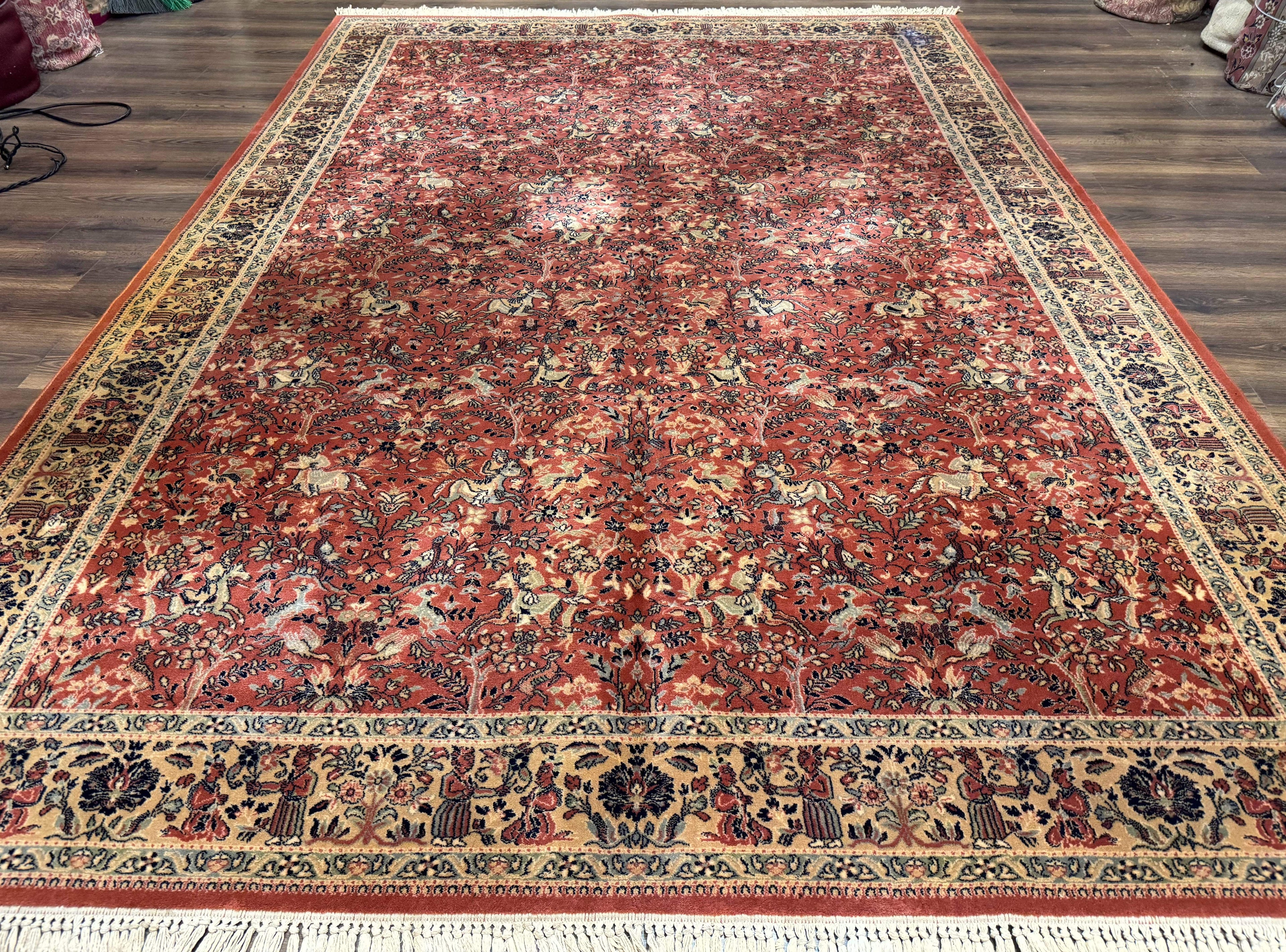 Persian Area Rug 8 x 11.6, Wool, Royal Hunting Scene, Vintage Couristan Rug, Red, Allover Pattern, Belgium Power Loomed