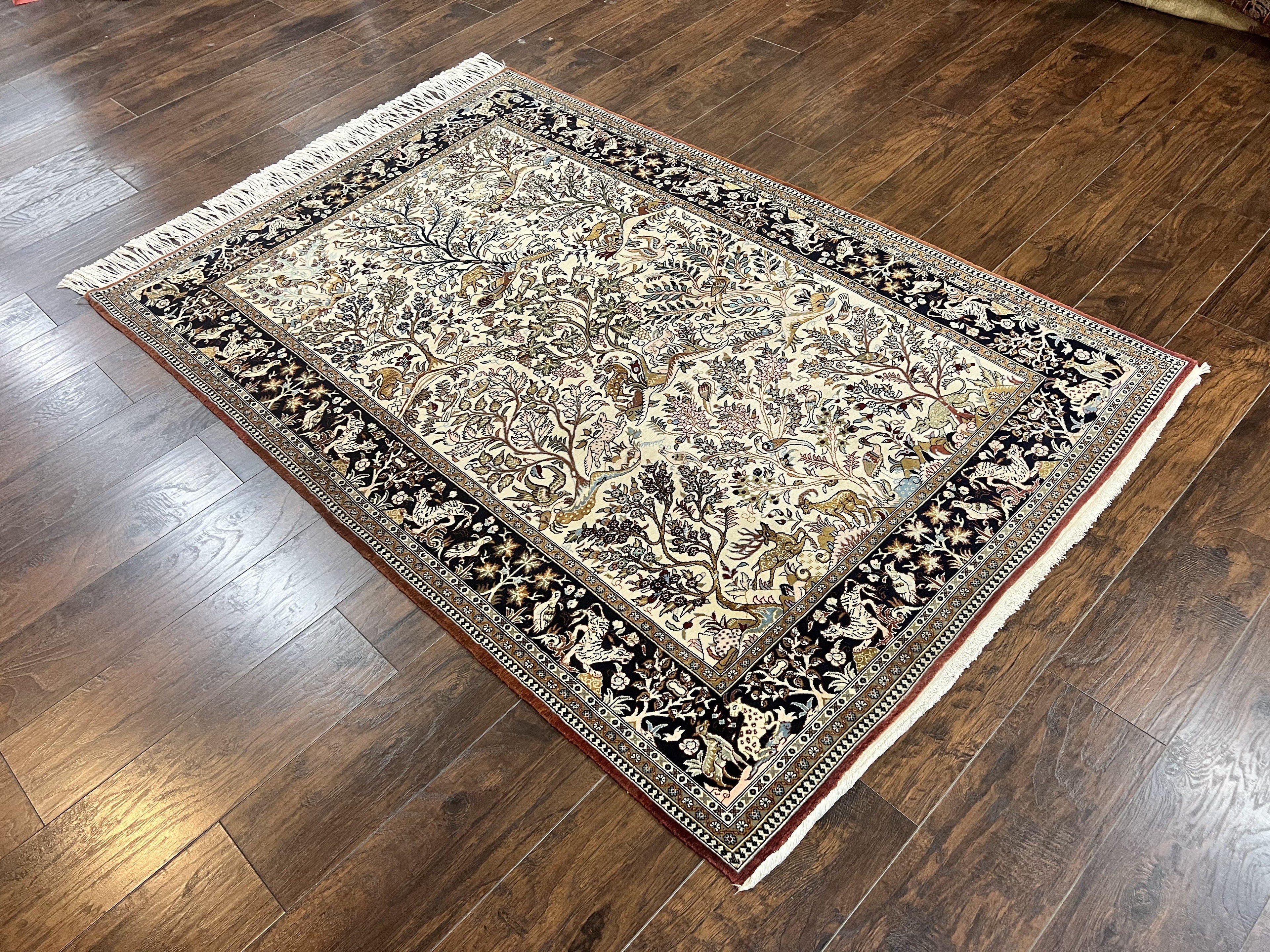 Persian Qum Tree of Life Rug 5x7, Wool and Silk Highlights, Animal Motifs, Vintage Hand Knotted Handmade Cream & Black Fine Oriental Carpet
