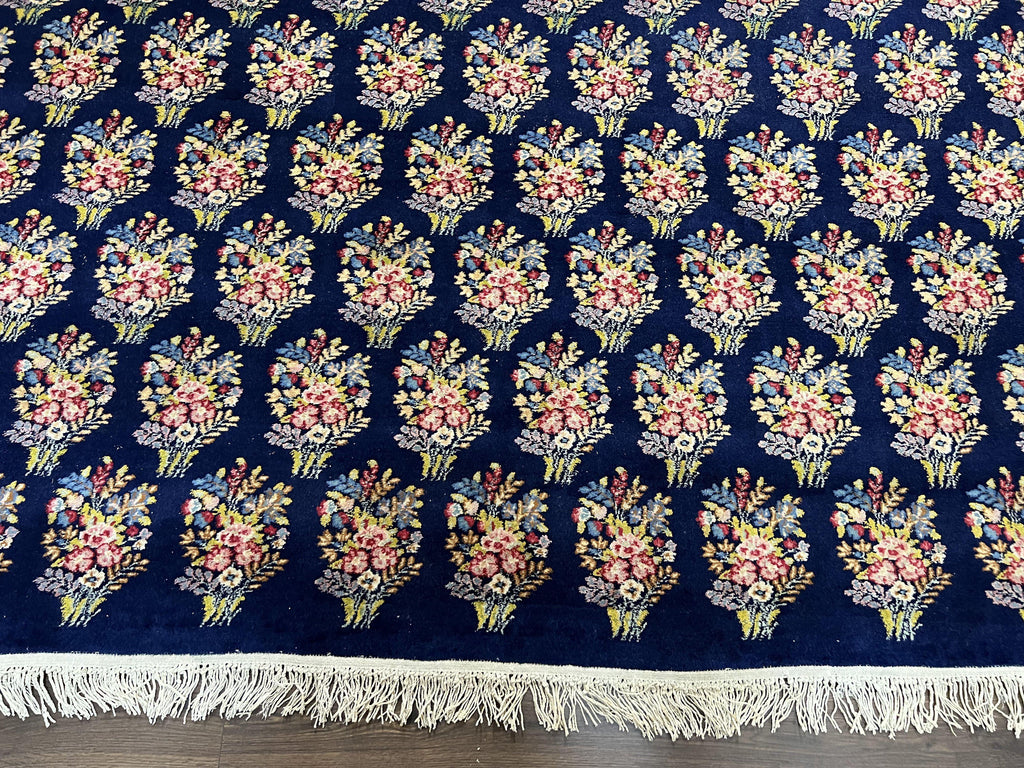 Persian Rug 9x12, Authentic Hand Knotted Carpet, Repeated Floral Motif Garden of Eden, Navy Blue Wool Rug 9 x 12, Semi Antique Kirman Rug