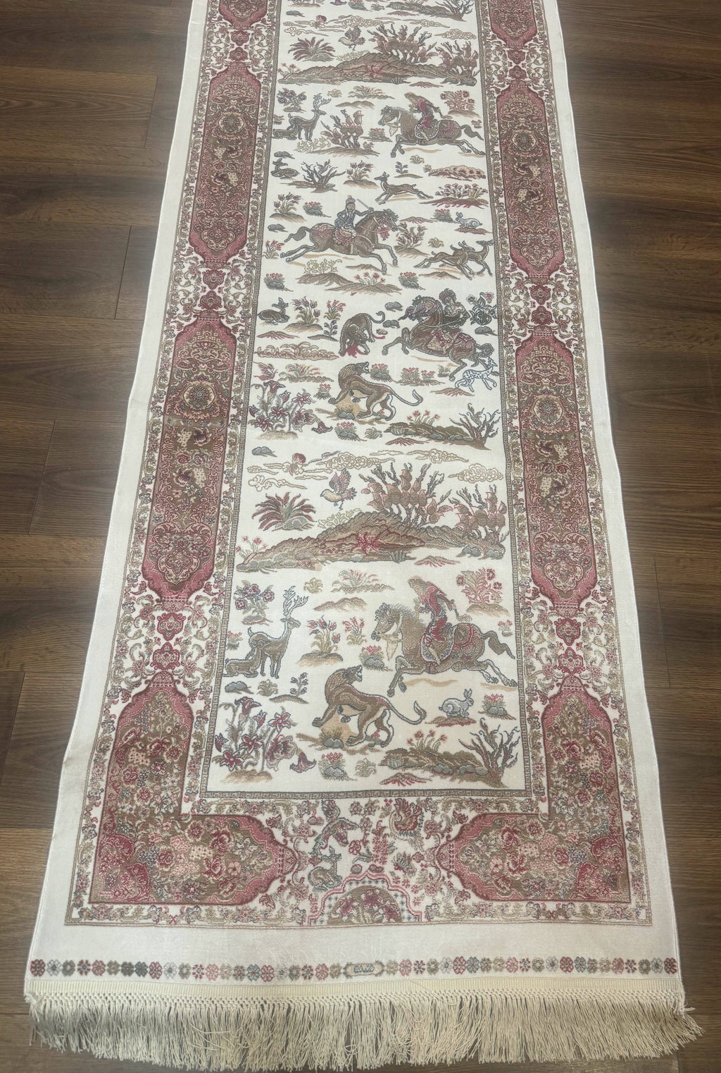 Long Turkish Silk Runner Rug 2.6 x 16.5, Hunting Design, Ivory, Bamboo Silk, New