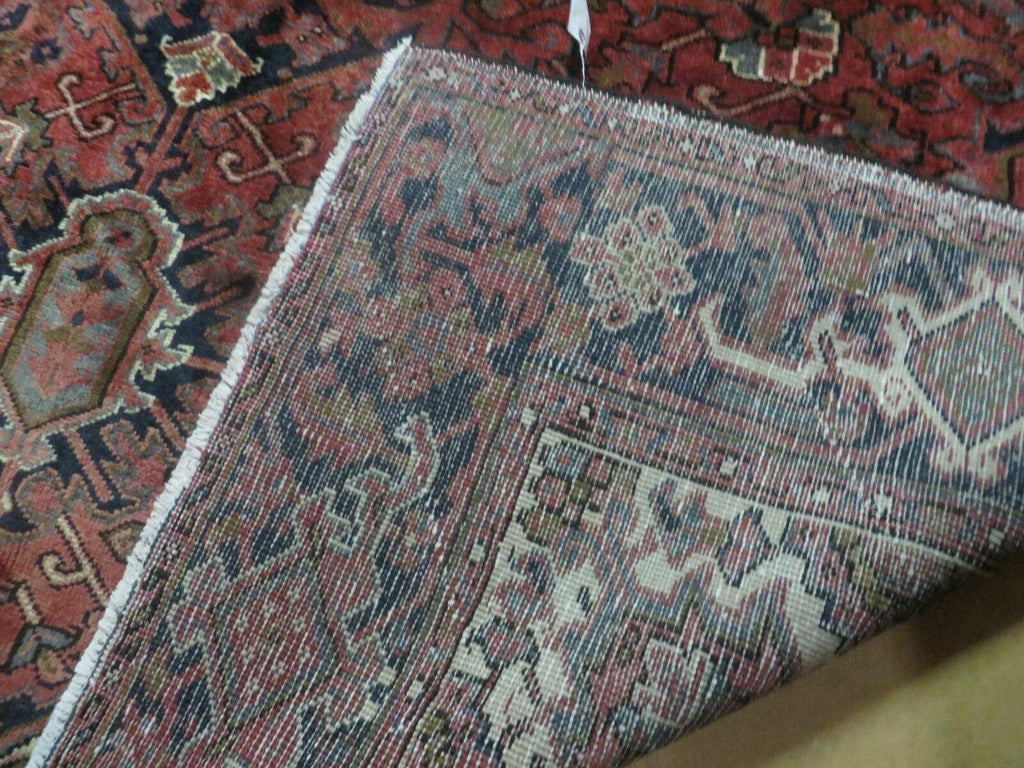 Persian Rug 8x11 Room Sized Heriz Carpet, Hand Knotted Wool Rug, Vintage Semi Antique, Geometric Medallion, Wine Red Cream Dark Blue, Wow