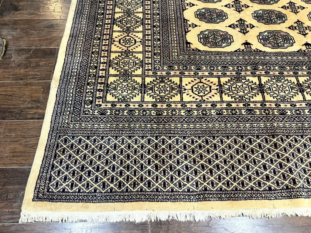 Pakistani Bokhara Turkoman Rug 9x11, Cream, Handmade Wool Vintage Carpet