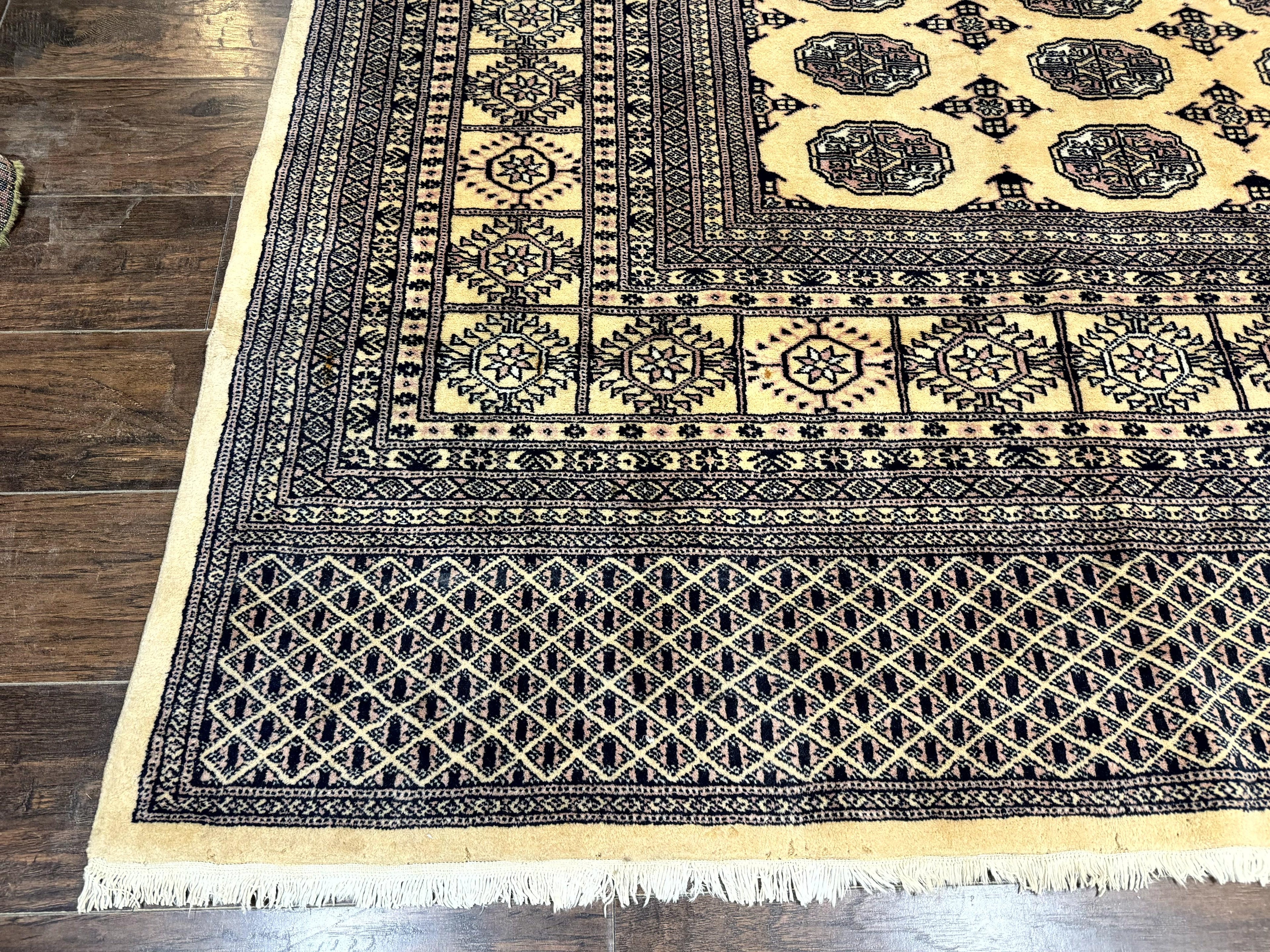 Pakistani Bokhara Turkoman Rug 9x11, Cream, Handmade Wool Vintage Carpet