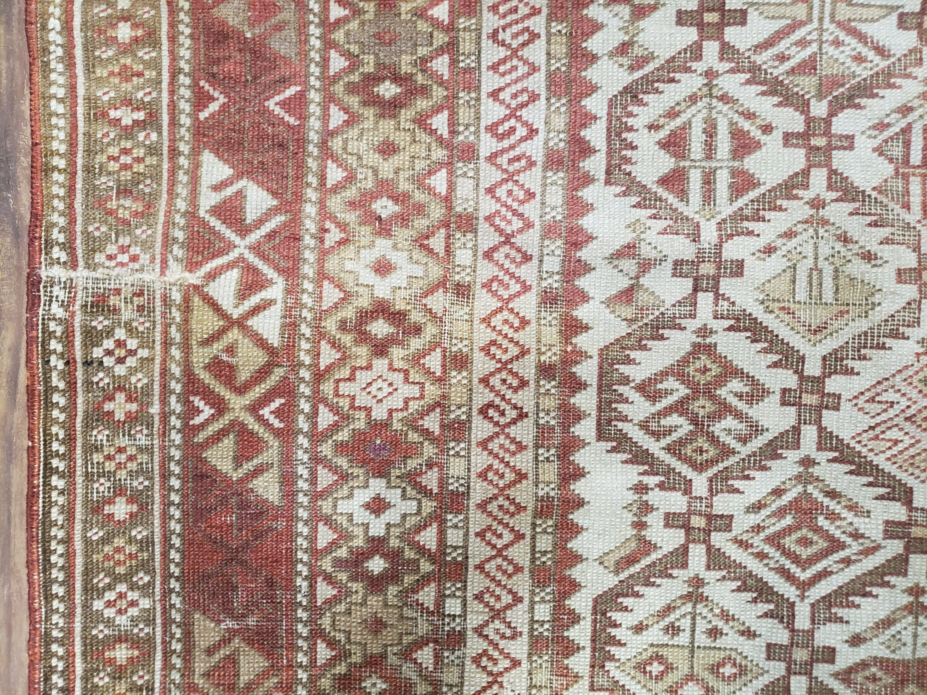 Antique Caucasian Shirvan Rug 4x6, Dagestan Area Rug, Wool Hand-Knotted Soft Red & Ivory 1920s Oriental Carpet, Soft Muted Colors