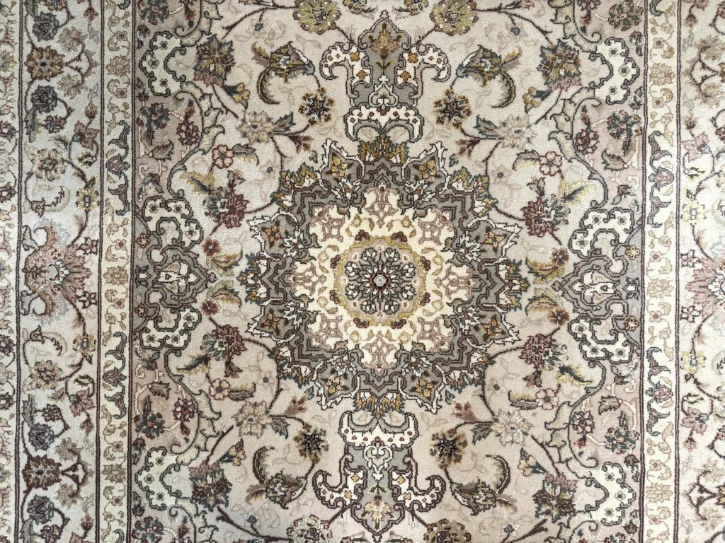 Pak Persian Rug 4x6, Floral Medallion, Beige, Wool and Silk Highlights, Vintage Handmade Rug