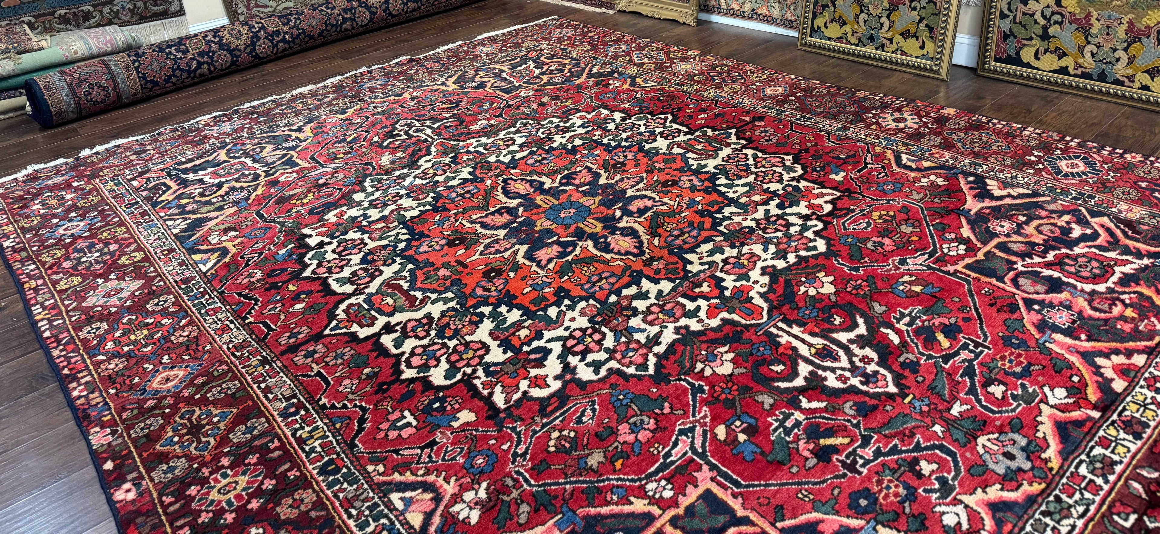 Rare Persian Bakhtiari Rug 10x13, Red, Semi Antique, Large Persian Carpet, Handmade