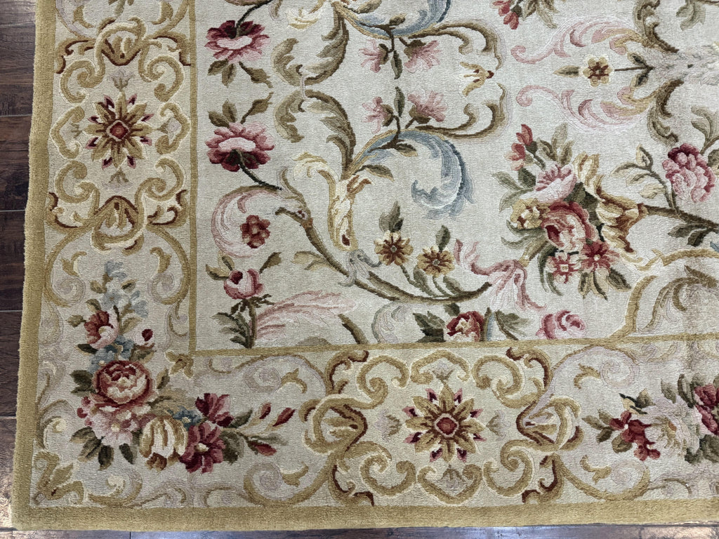 Aubusson Rug 8x10, French European Design, Vintage Handmade Wool Carpet, Aubusson Rug with Pile, Floral