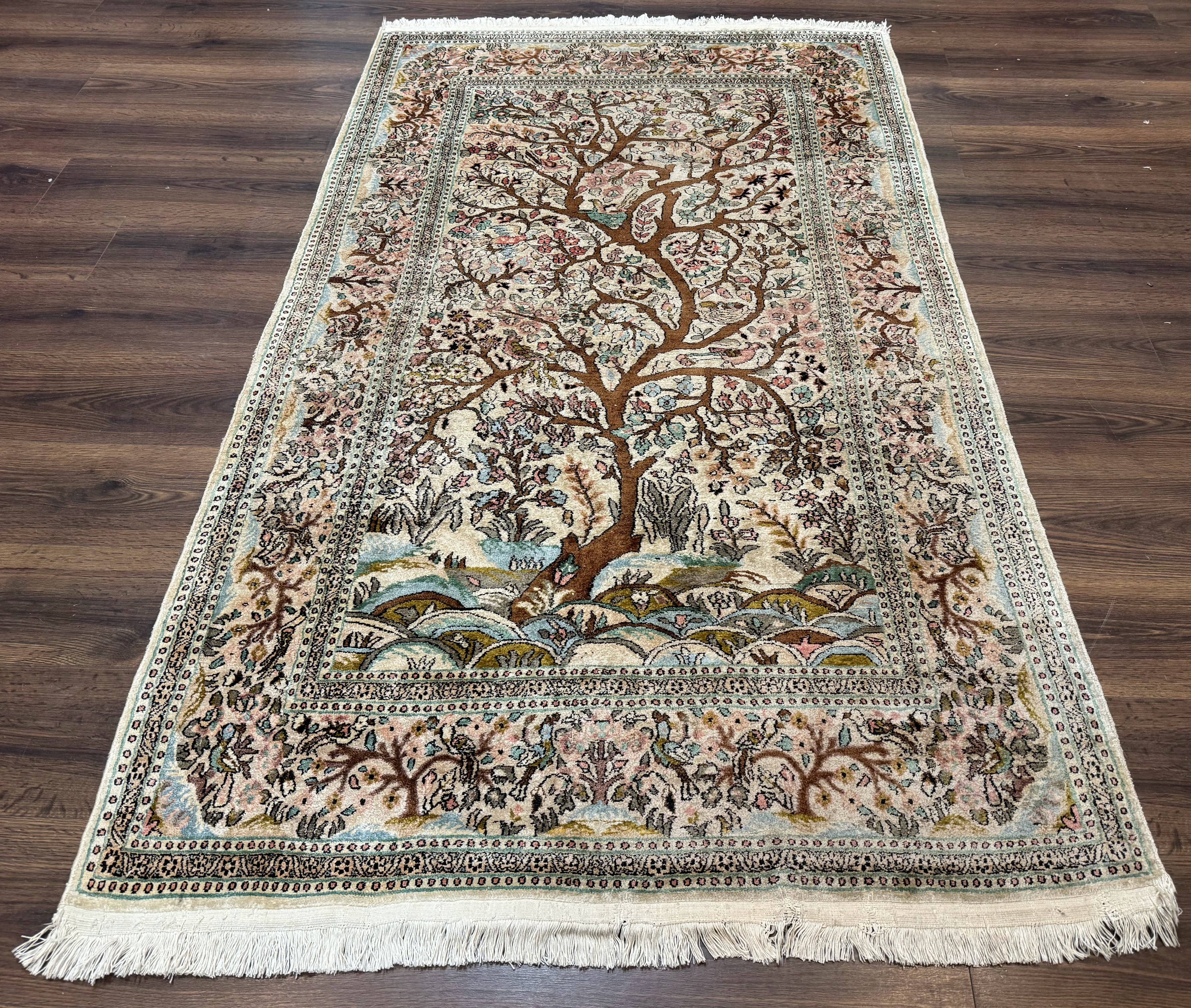 Indian Kashmiri Silk Rug 4x7, Tree of Life Design, Very Fine 380 KPSI, Birds