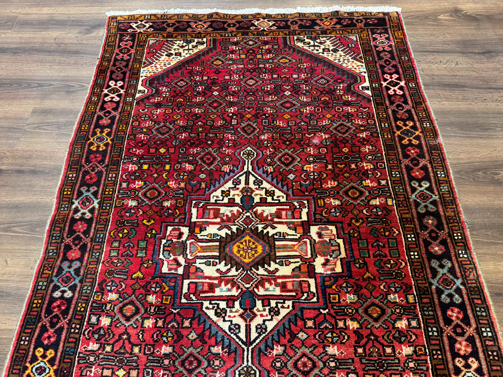 Persian Hamadan Rug 4x7, Tribal Village Malayer Carpet, Red and Ivory, Bohemian Antique